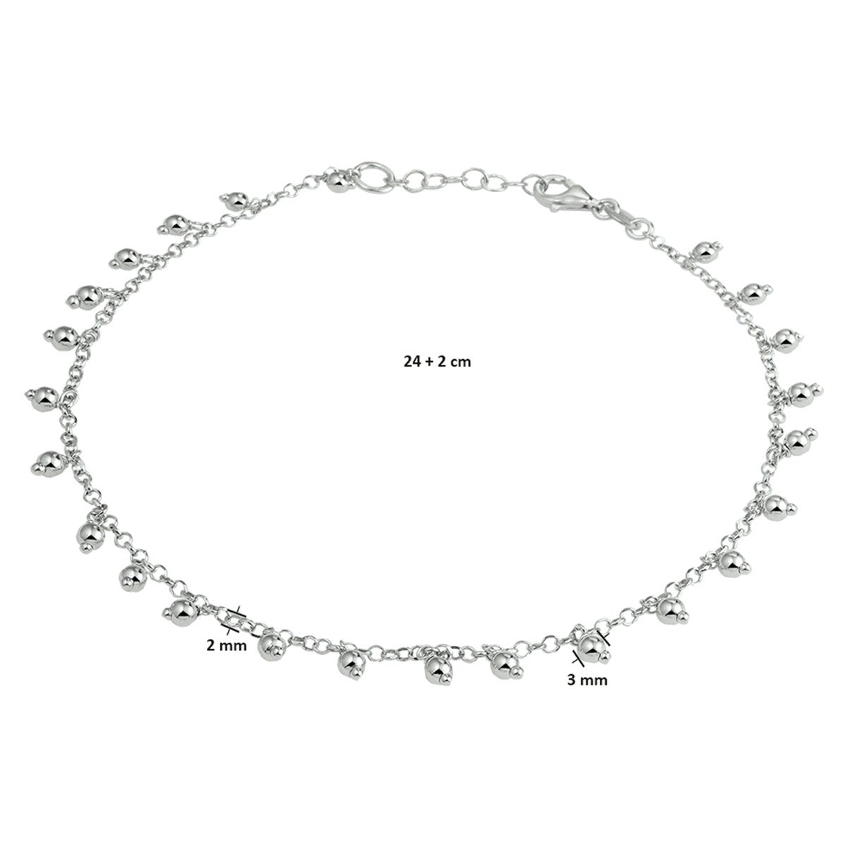 Zilver gerhodineerd enkelbandje bolletjes 2,0 mm 24 + 2 cm 1332809 - PansiteNederland.nl