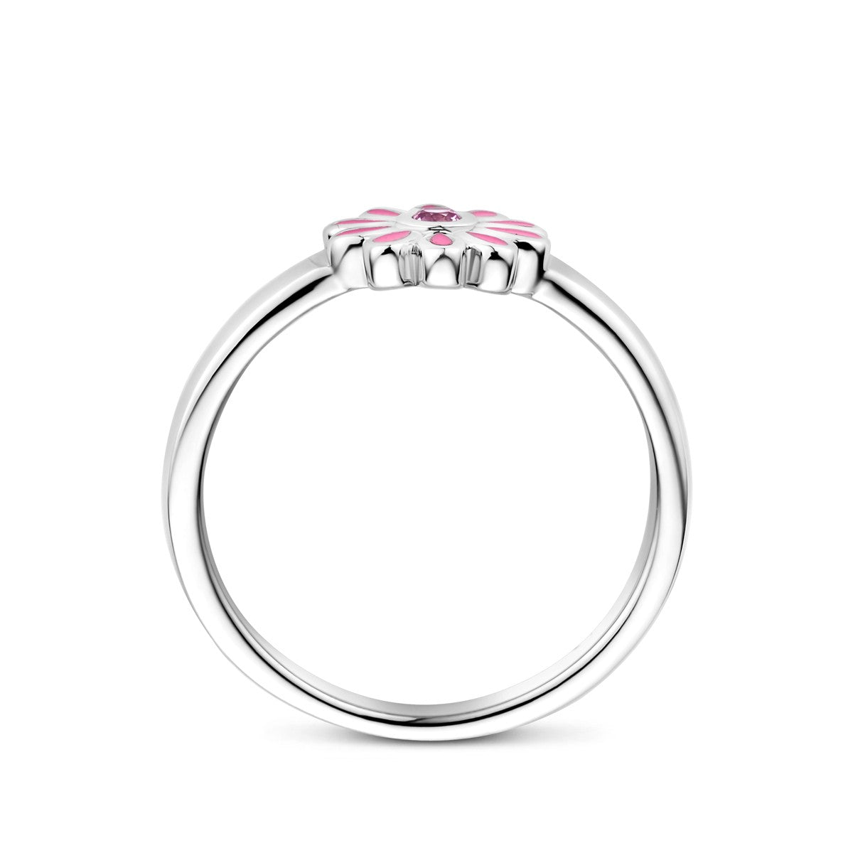 Ring emaille bloem roze zirkonia zilver