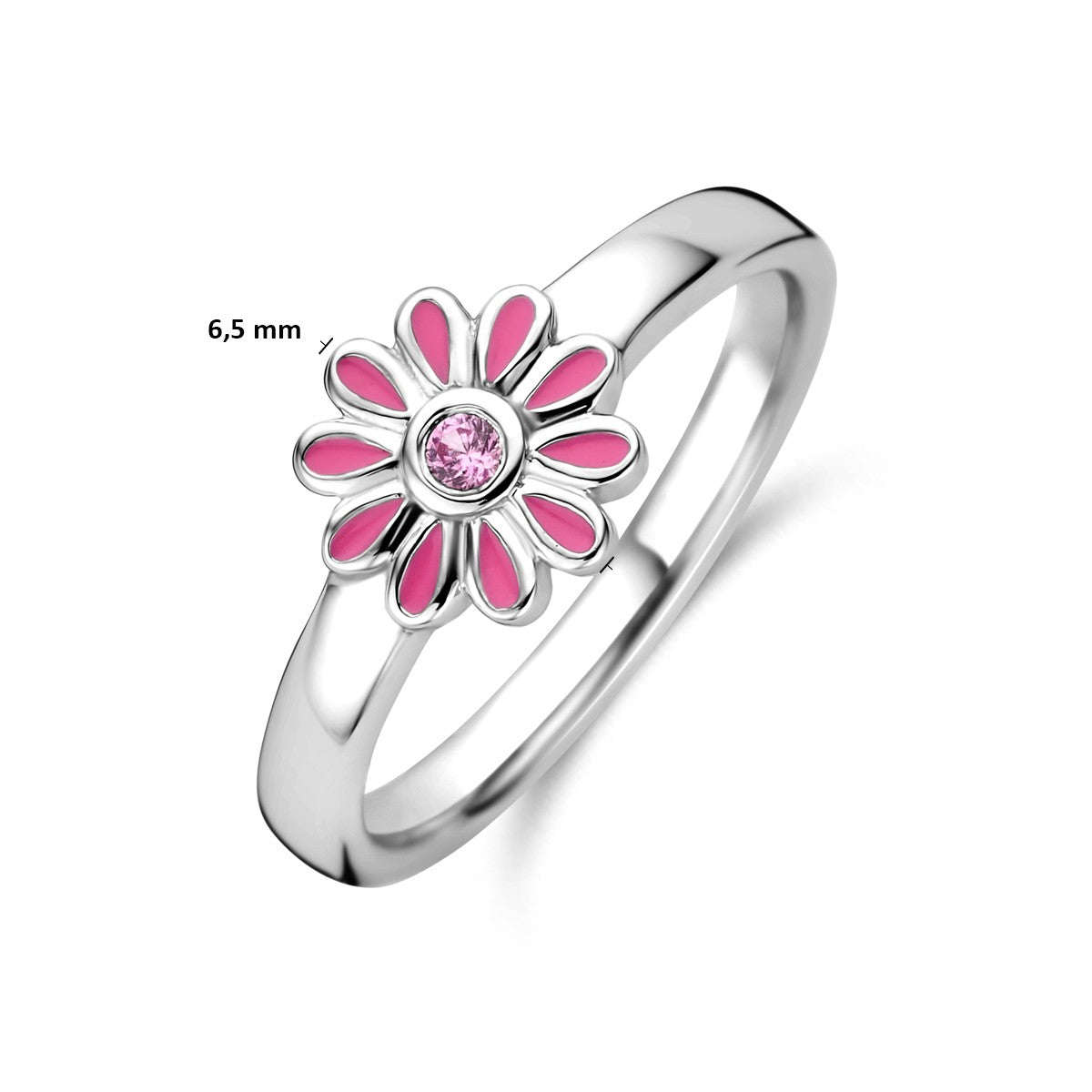 Ring emaille bloem roze zirkonia zilver
