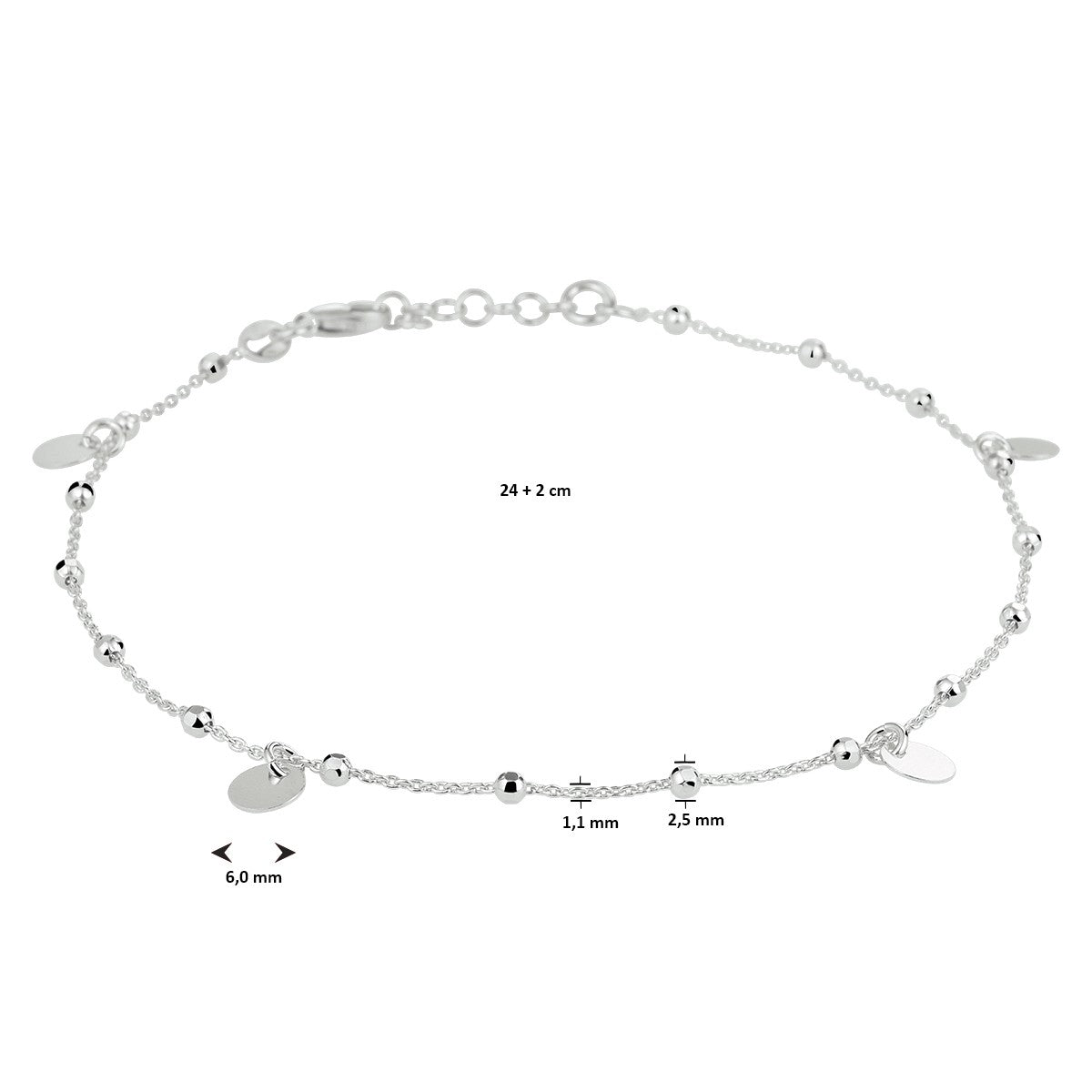 Zilver gerhodineerd enkelbandje rondjes 24 + 2 cm 1333296 - PansiteNederland.nl