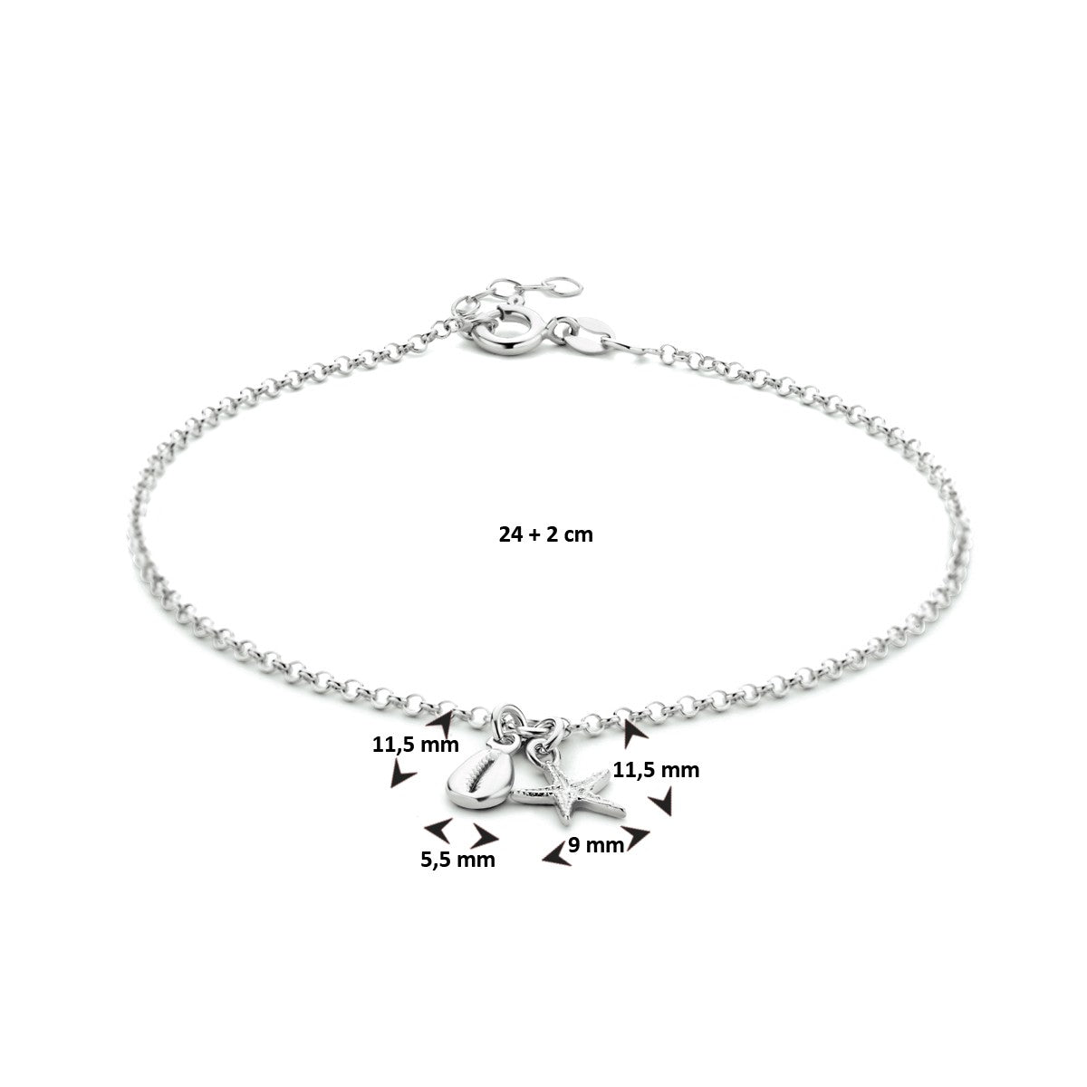 Zilver gerhodineerd enkelbandje schelp en zeester 24 + 2 cm 1333921 - PansiteNederland.nl