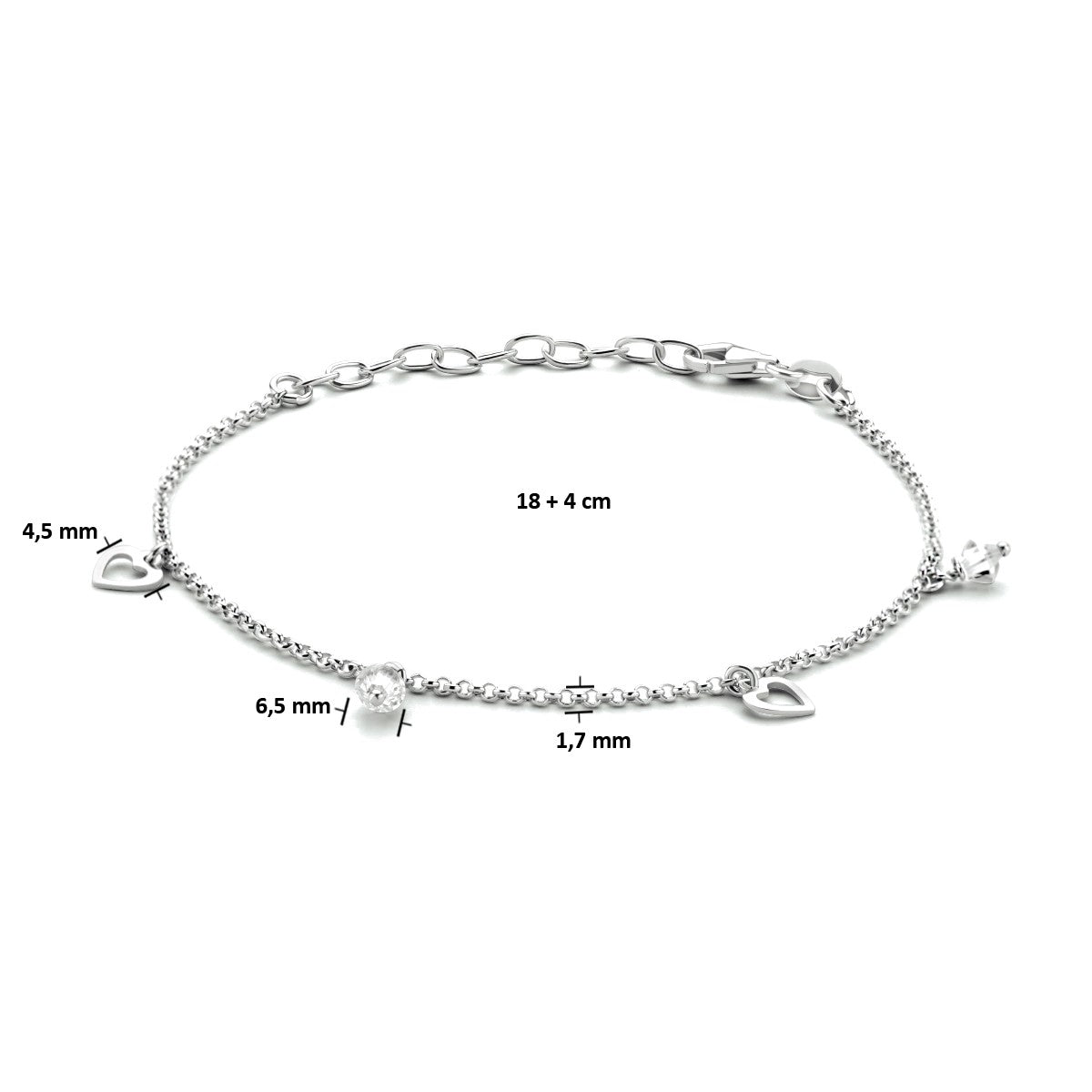 Zilver gerhodineerd enkelbandje hartjes 18 + 4 cm 1334125 - PansiteNederland.nl