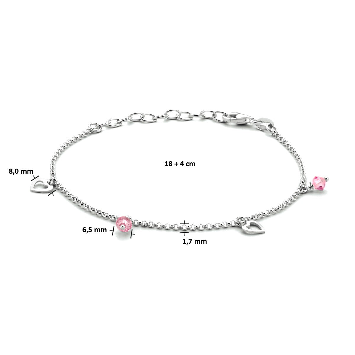 Zilver gerhodineerd enkelbandje hartjes 18 + 4 cm 1334126 - PansiteNederland.nl
