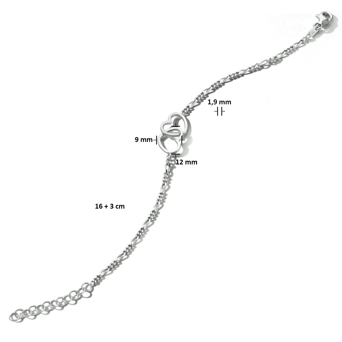 Zilver Gerhodineerd Armband Hartjes 16 + 3 Cm 1334370 - PansiteNederland.nl