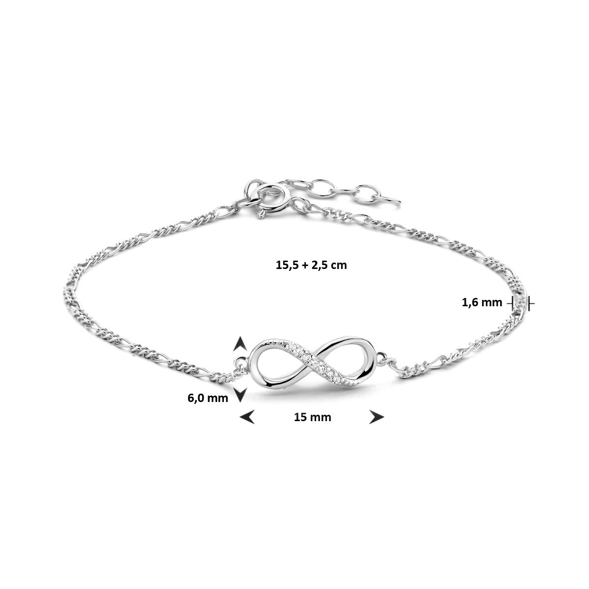 Zilver Gerhodineerd Armband Infinity Zirkonia 15,5 + 2,5 Cm 1334812 - PansiteNederland.nl
