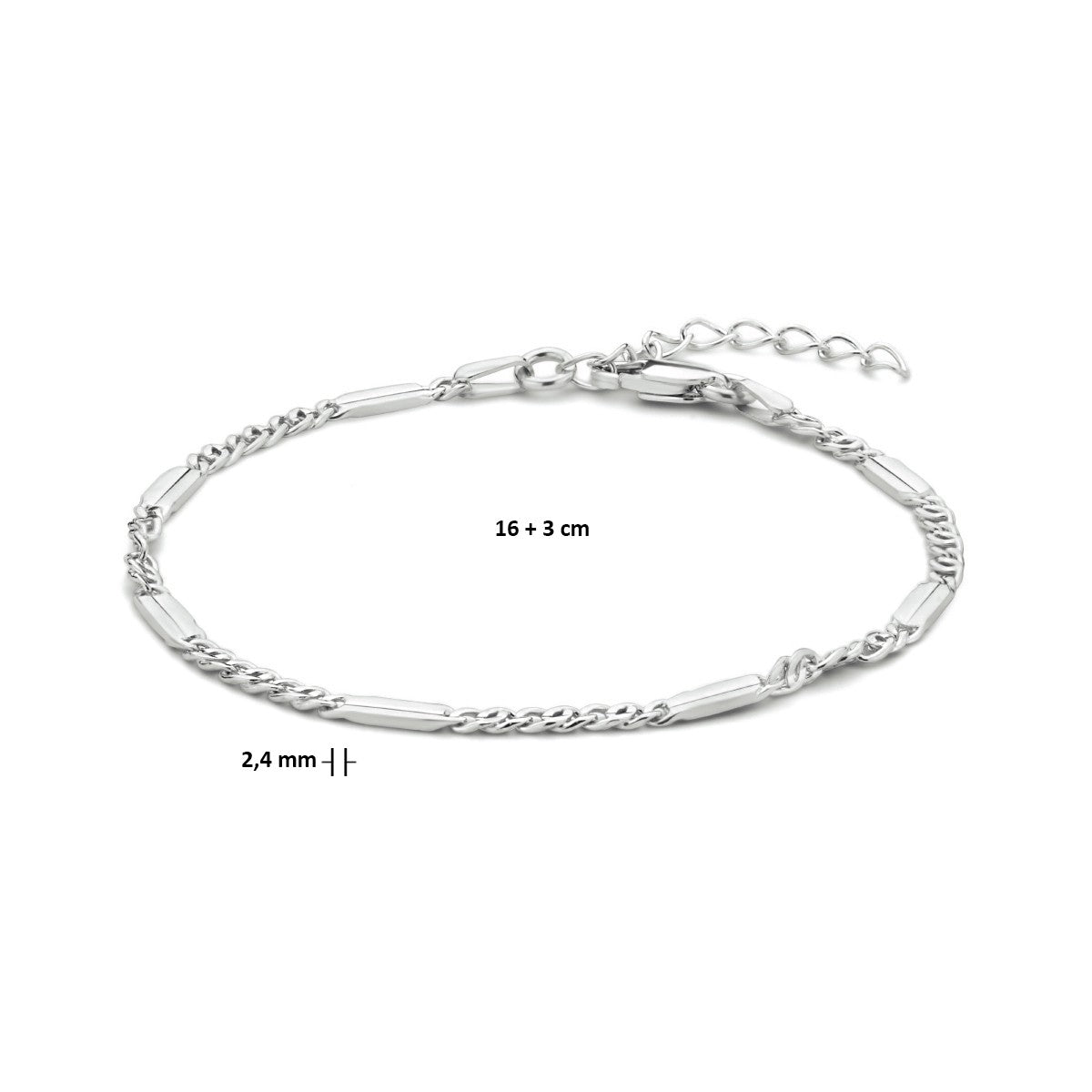 Zilver Gerhodineerd Armband Valkenoog Met Tussenstuk 2,4 Mm 16 + 3 Cm 1334837 - PansiteNederland.nl