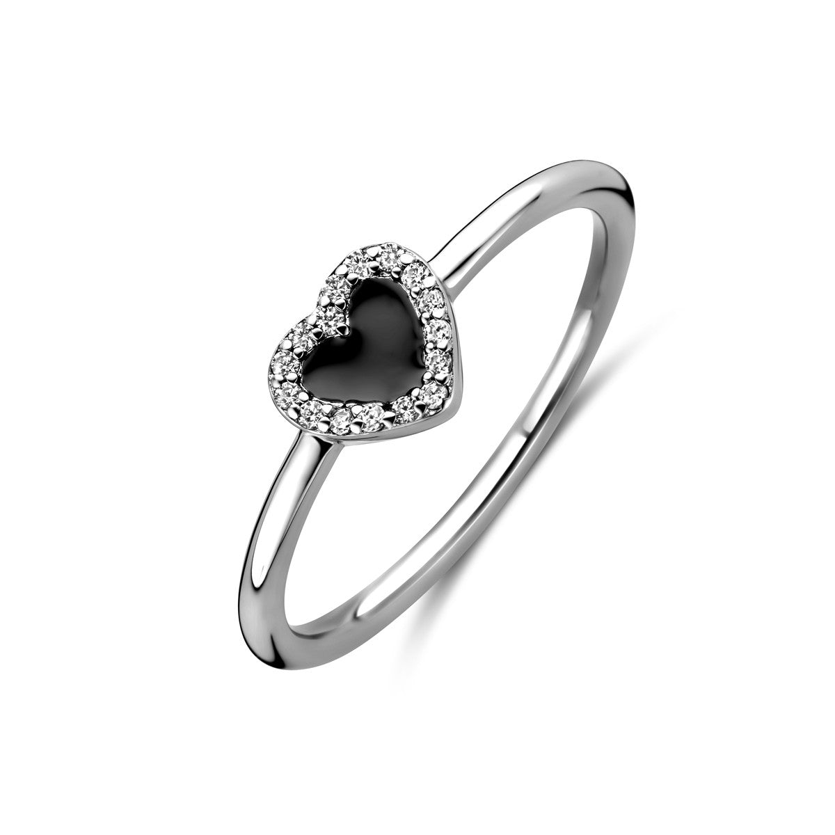 Gerhodineerd Zilver Ring Hart, Met Zirkonia En Zwart Emaille Halo 1338595 - PansiteNederland.nl
