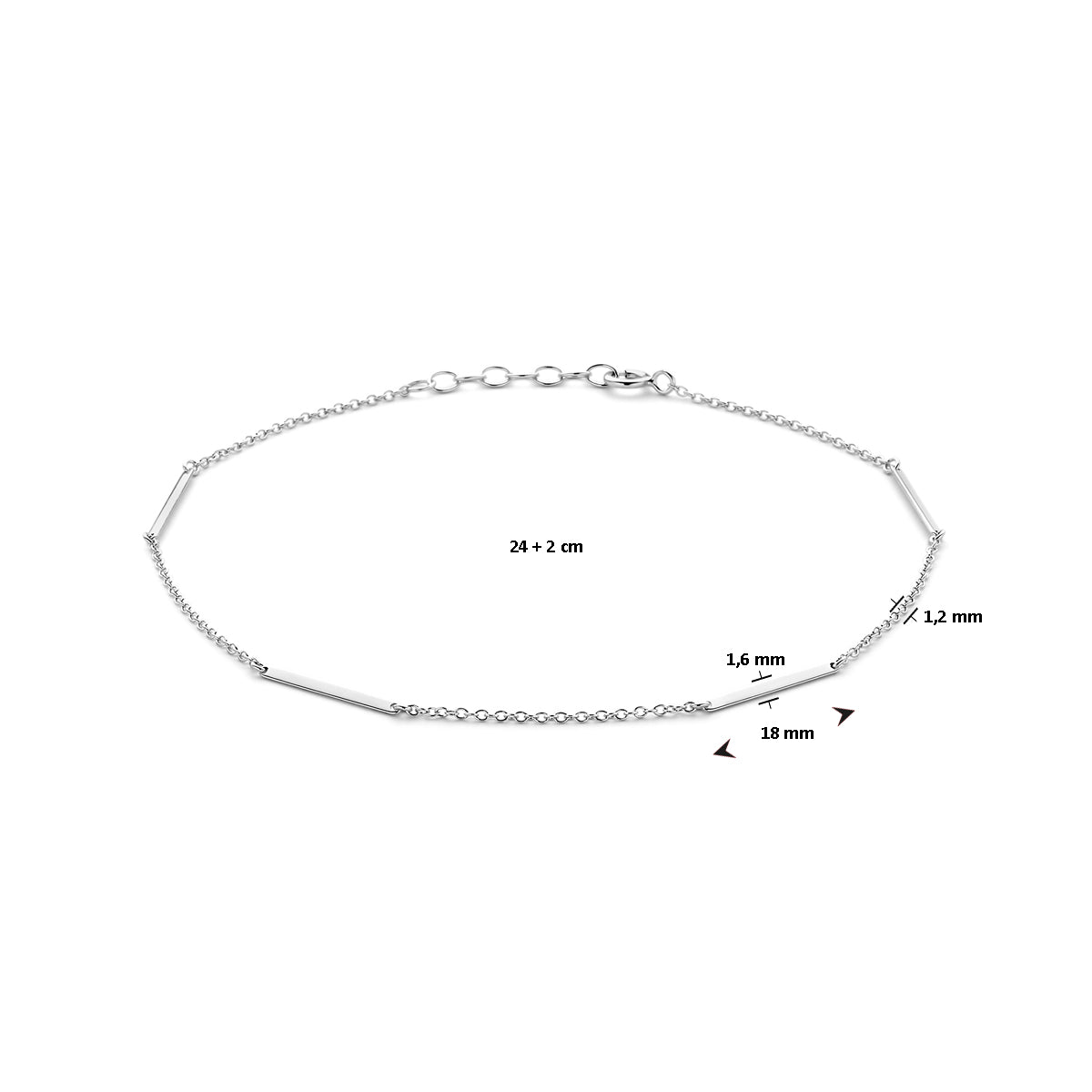 Enkelbandje balkjes 1,6 mm 24 + 2 mm zilver gerhodineerd