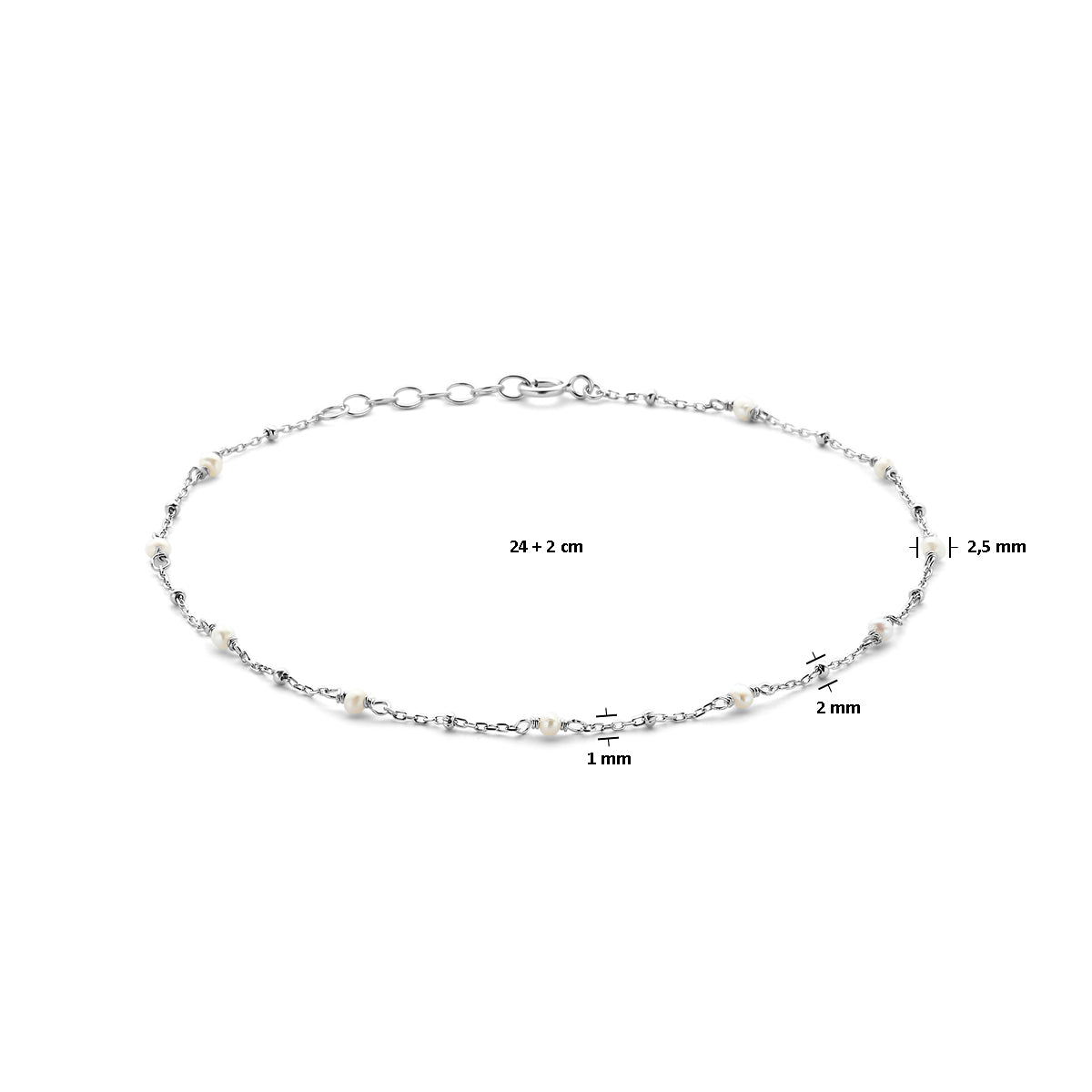 Enkelbandje parel 24 + 2 cm zilver gerhodineerd