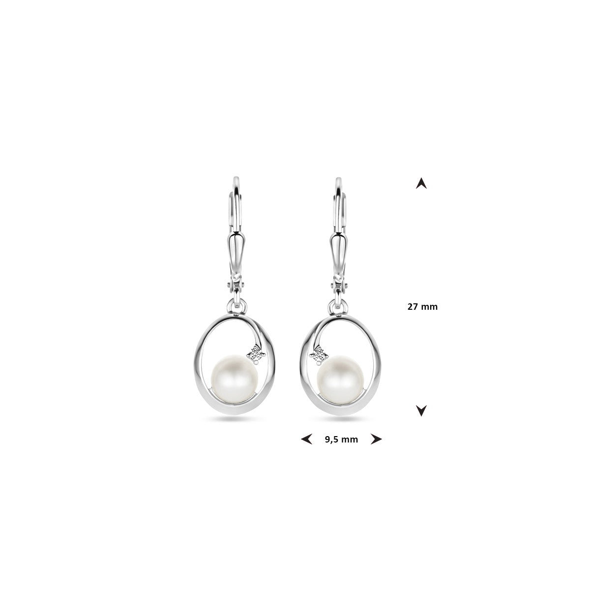 Hangende oorbellen ovaal parel en zirkonia brisure haak 27 mm zilver