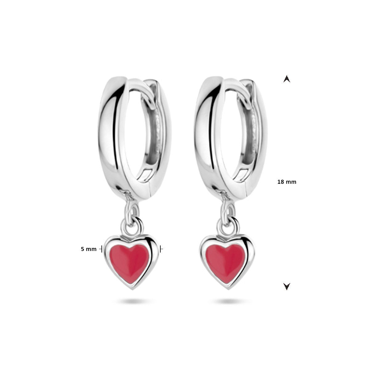 Oorbellen hart rood emaille 18 mm zilver