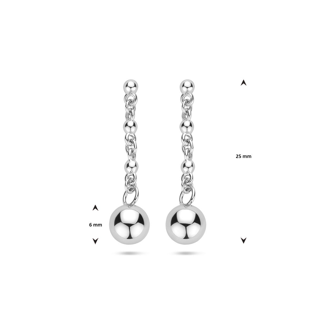 Hangende oorbellen bolletjes 25 mm zilver