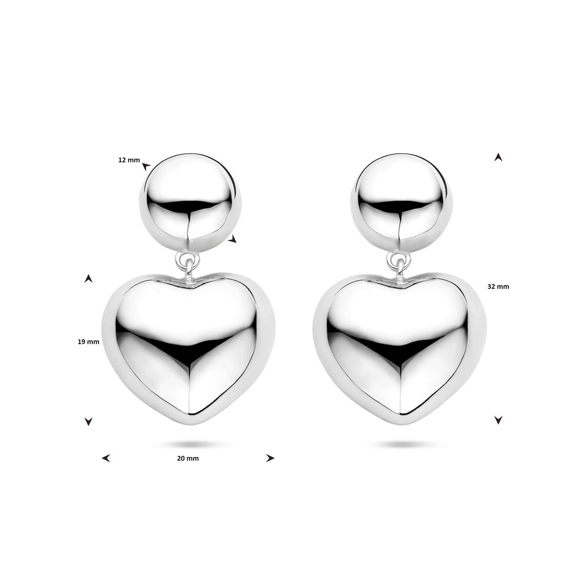 Hangende oorbellen hartjes 32 mm zilver