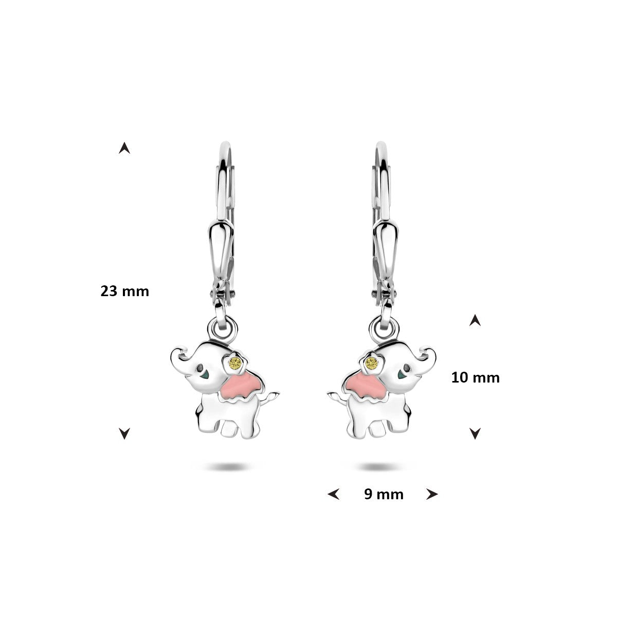Hangende oorbellen emaille olifant zirkonia brisure haak 23 mm zilver