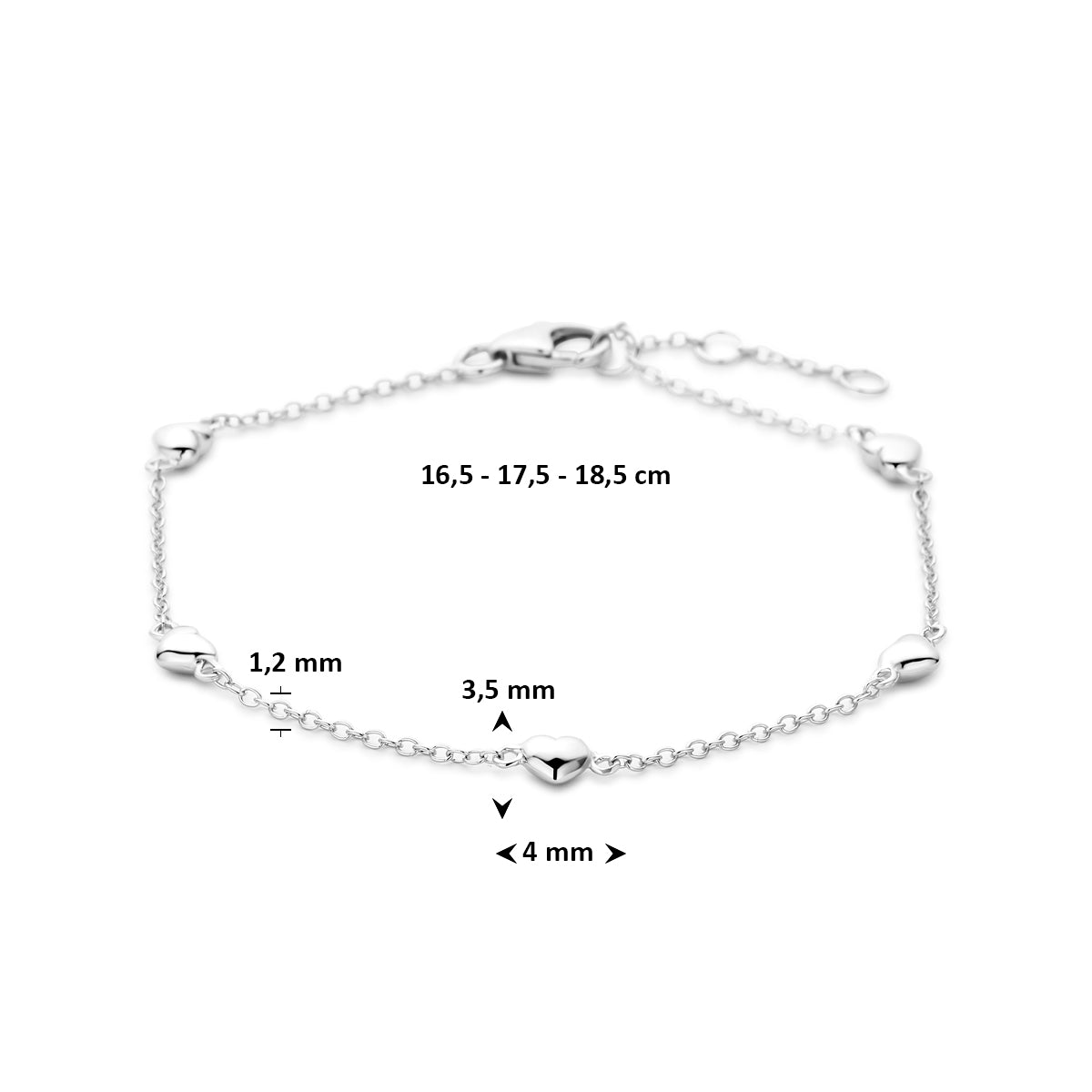 Armband hartjes 16,5 - 17,5 - 18,5 cm zilver gerhodineerd