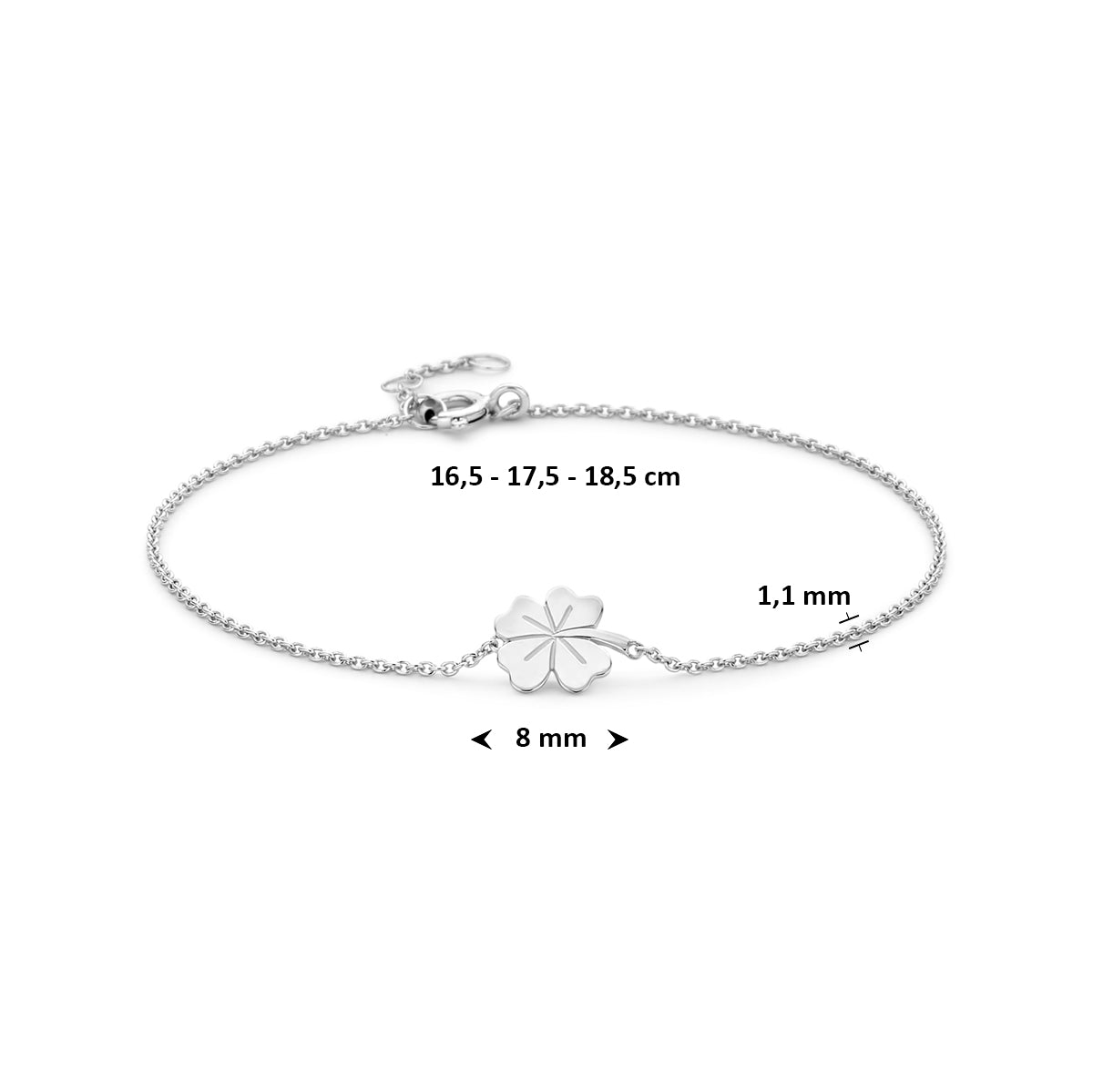 Armband klavertje zilver gerhodineerd 16,5 - 17,5 - 18,5 cm