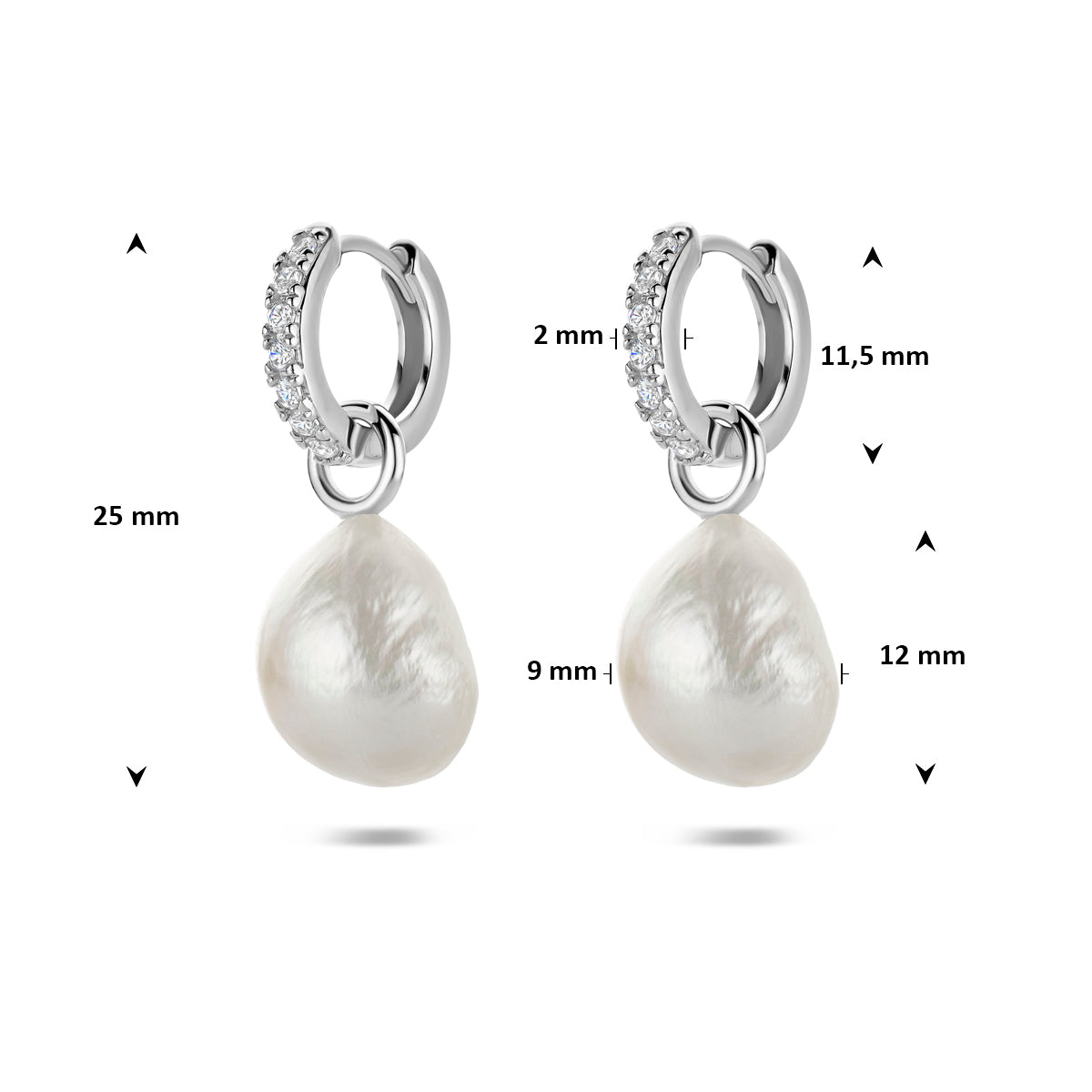 Oorringen parel en zirkonia zilver gerhodineerd 25 mm