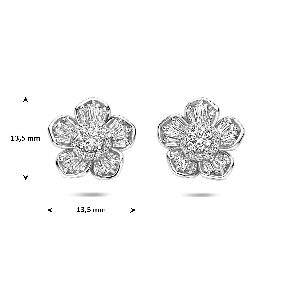 Oorknoppen bloem zirkonia zilver gerhodineerd 13,5 mm