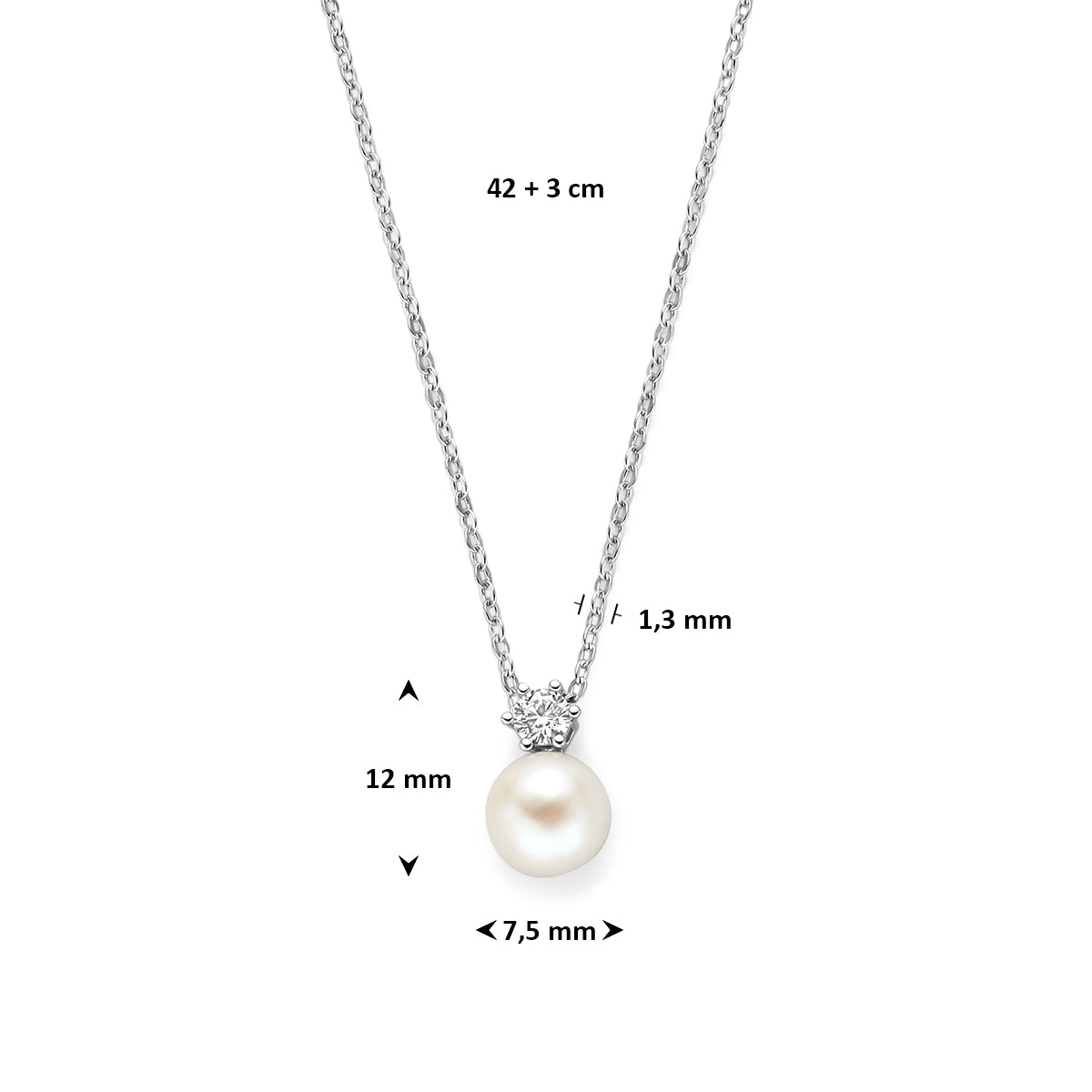 Collier parel en zirkonia zilver gerhodineerd 42 + 3 cm