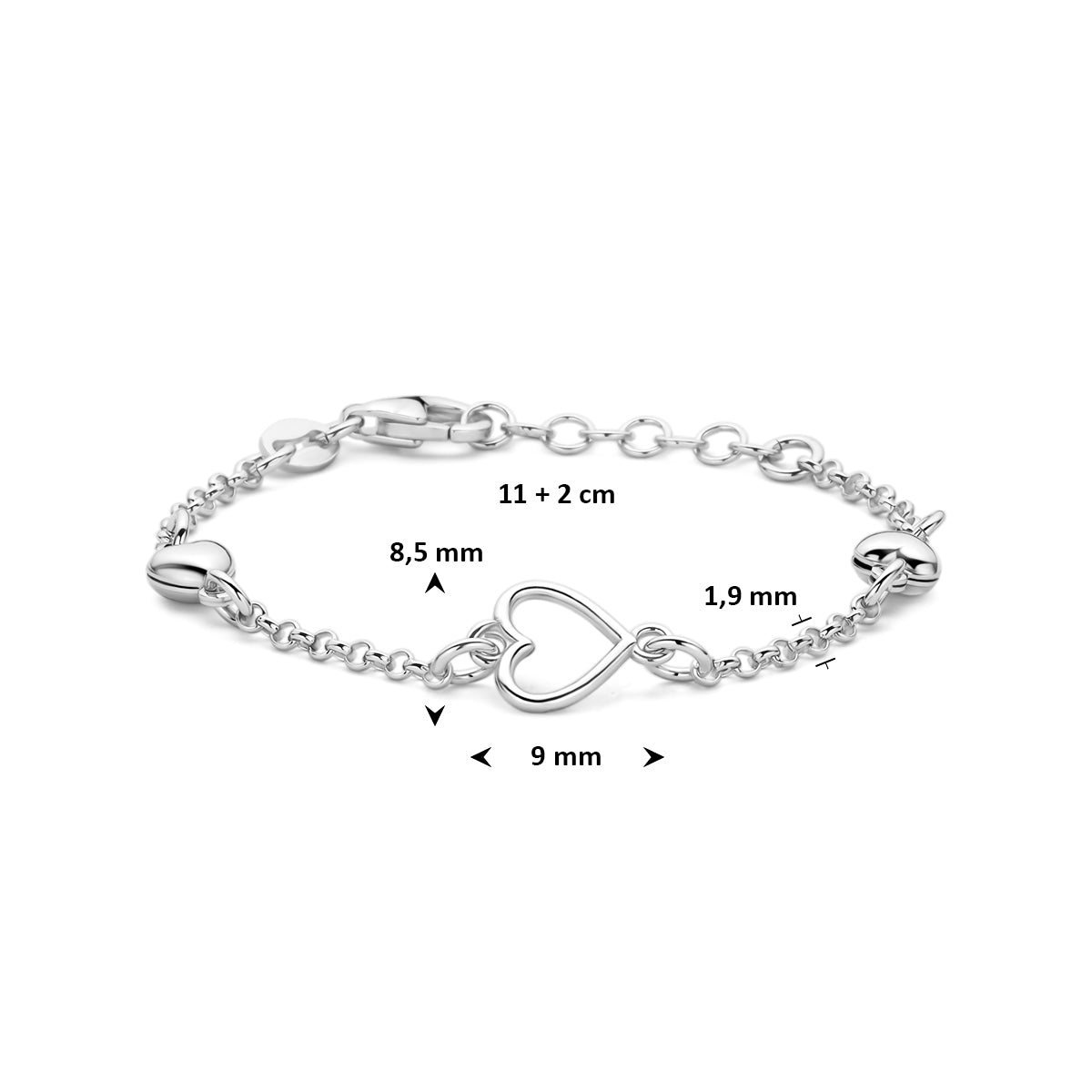 Armband hartjes zilver gerhodineerd 11 + 2 cm