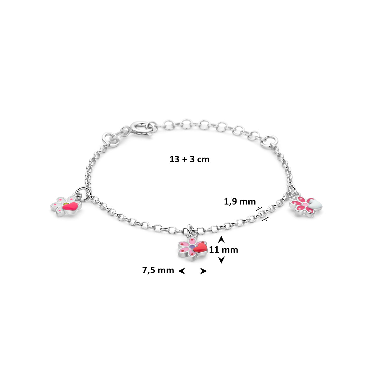 Armband bloemen emaille zilver gerhodineerd 13 + 3 cm