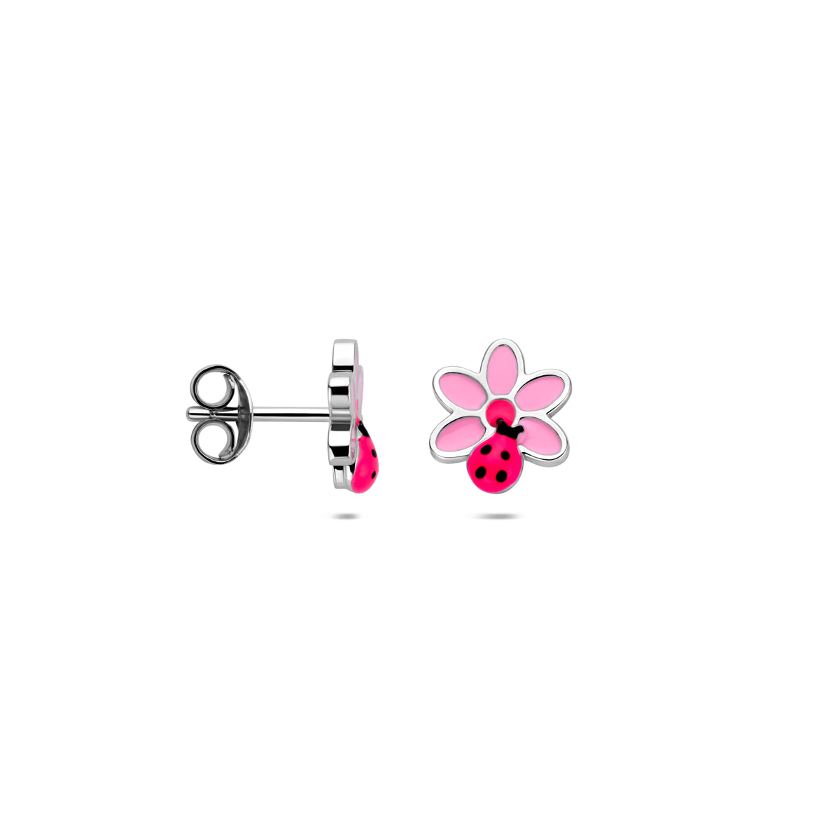 Oorknoppen bloem en lieveheersbeestje zilver gerhodineerd 7,5 mm