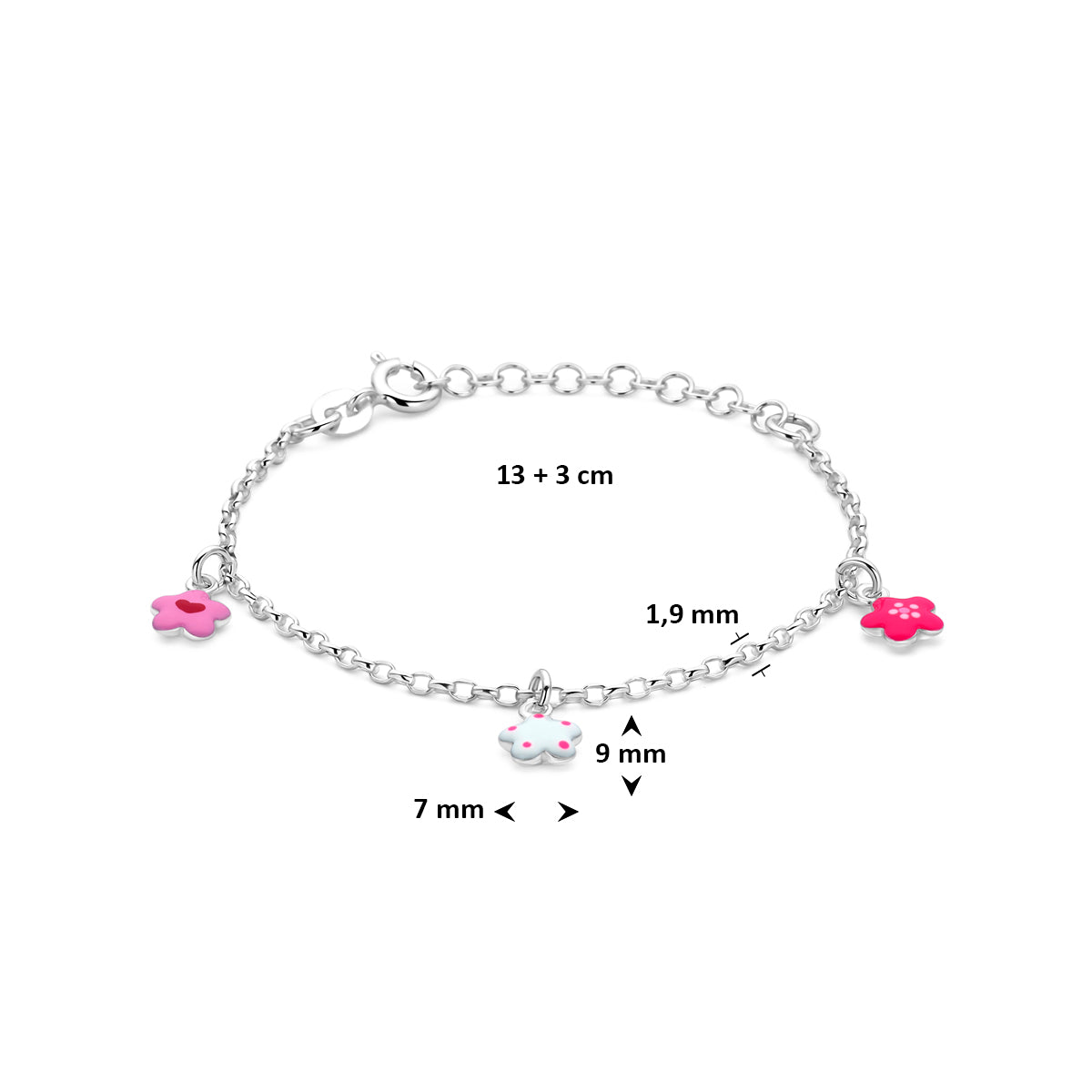 Armband bloemen emaille zilver gerhodineerd 13 + 3 cm 7 mm