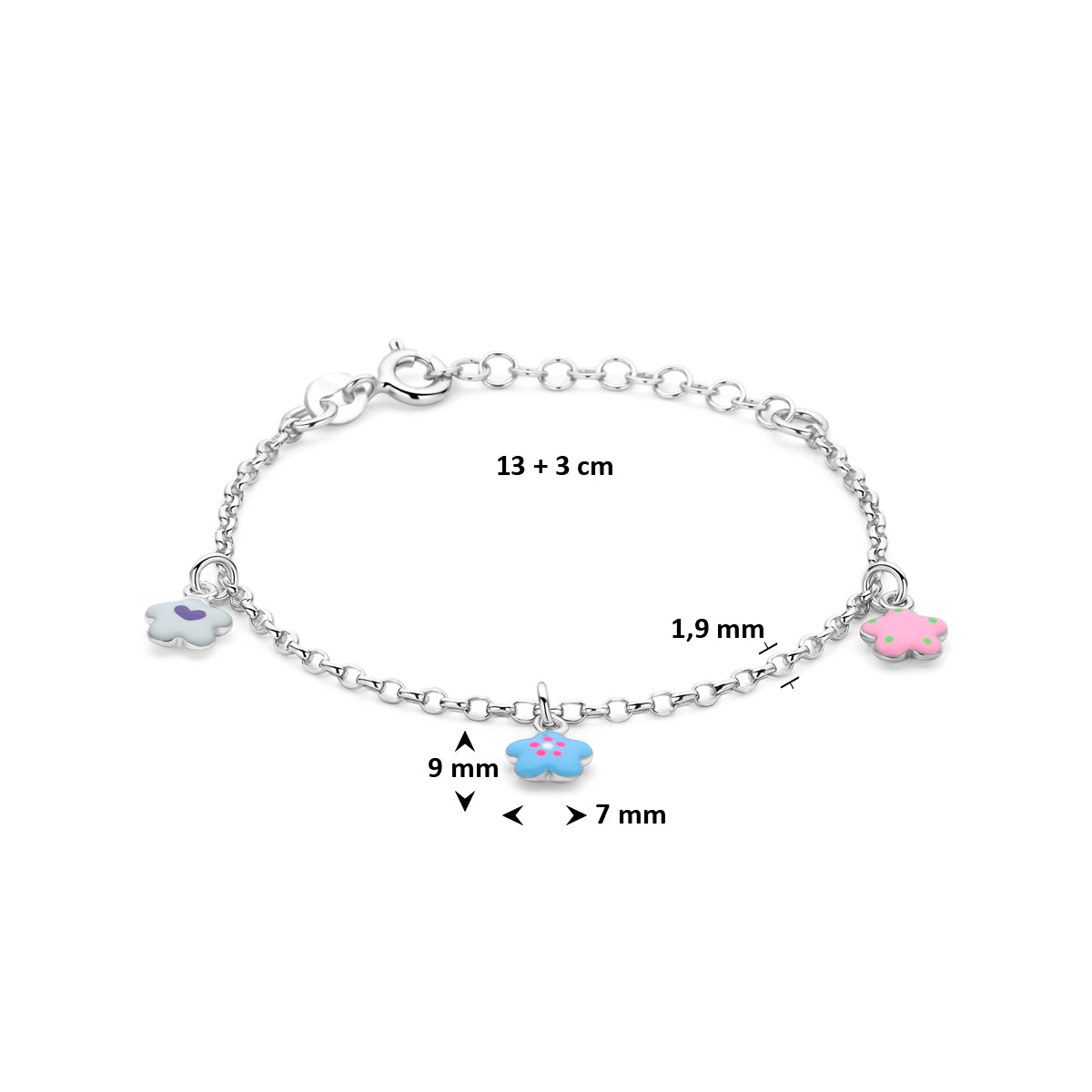 Armband bloemen emaille zilver gerhodineerd 13 + 3 cm 1343018