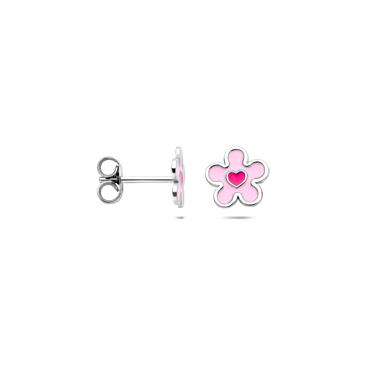 Oorknoppen bloem en hartje emaille zilver gerhodineerd 8 mm
