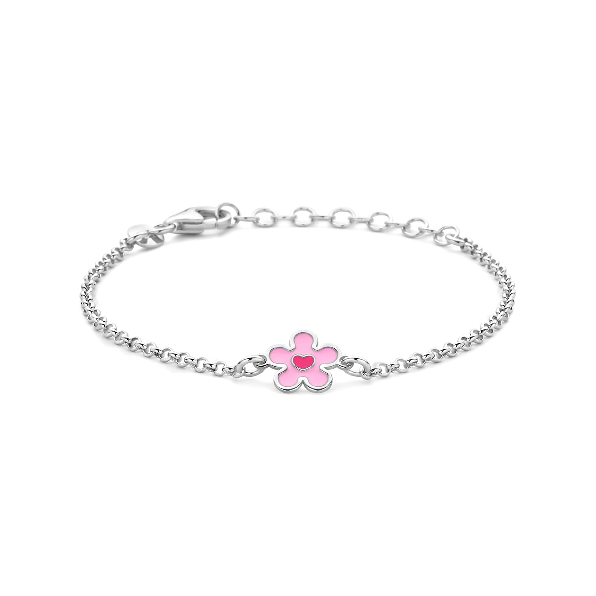 Armband bloem en hartje emaille zilver gerhodineerd 13 + 3 cm