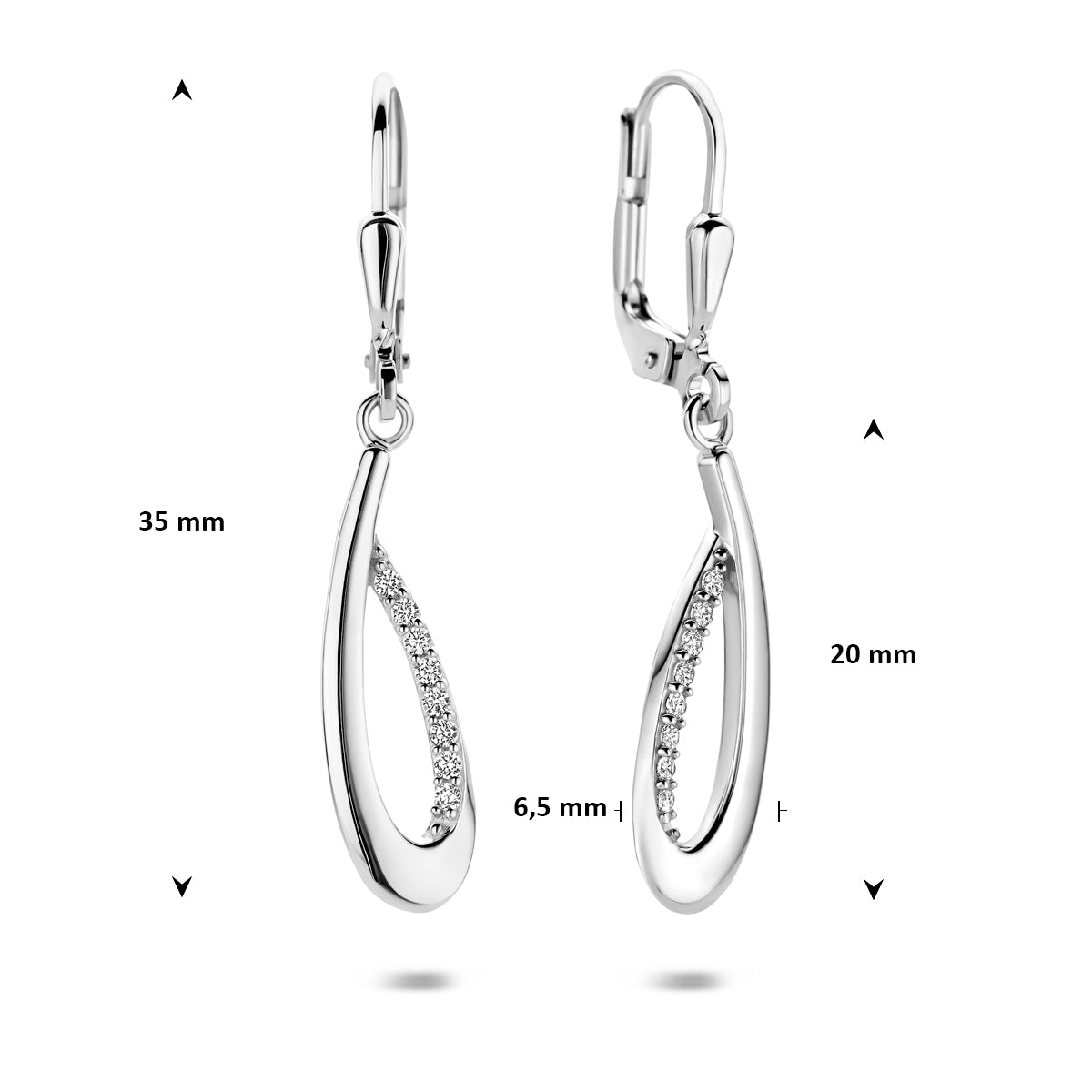 Oorhangers zirkonia brisur haak zilver gerhodineerd 35 mm wit