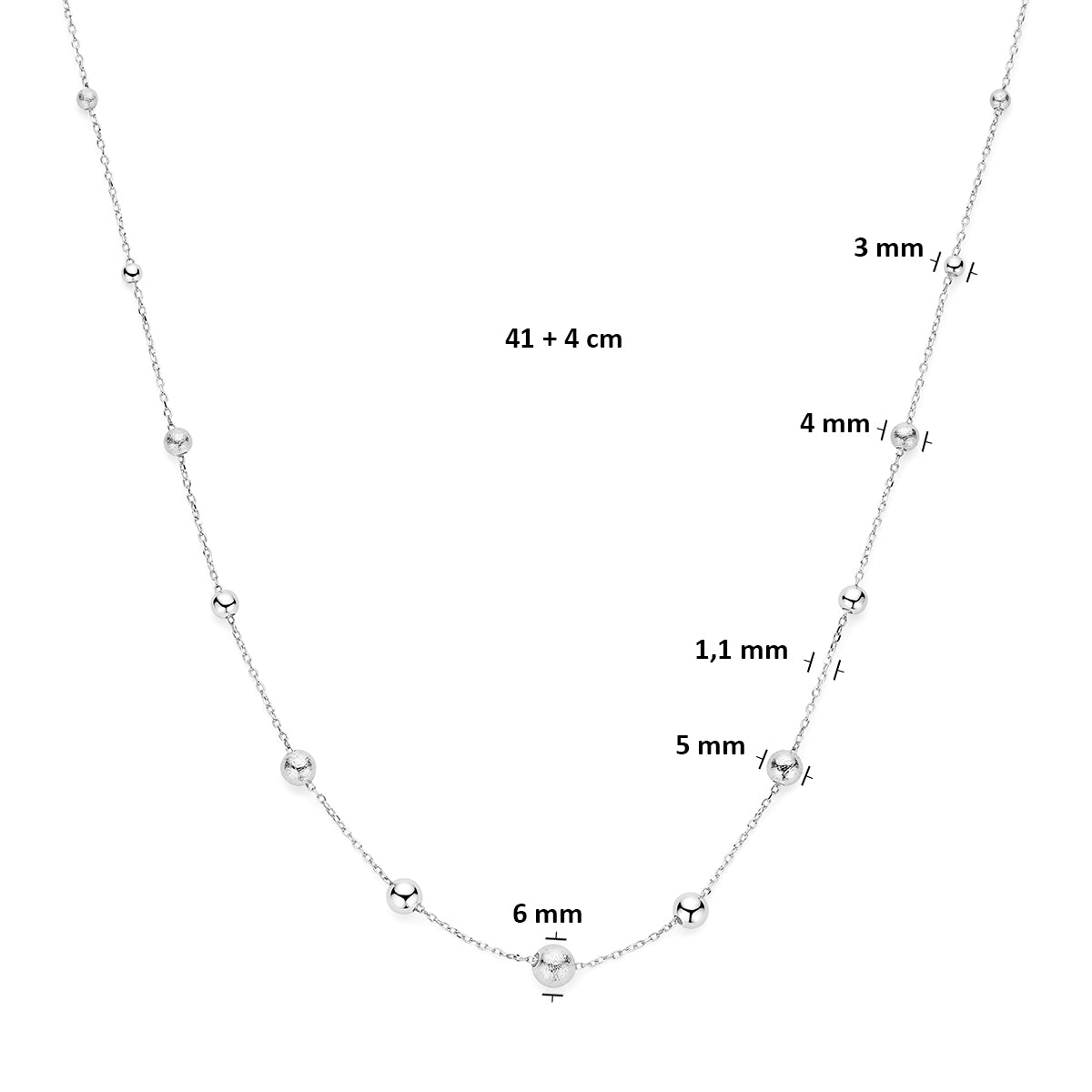 Collier bolletjes poli/mat zilver gerhodineerd 41 + 4 cm