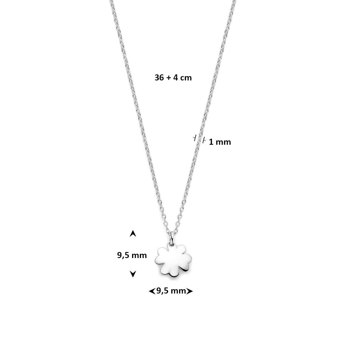 Collier klavertje zilver gerhodineerd 36 + 4 cm