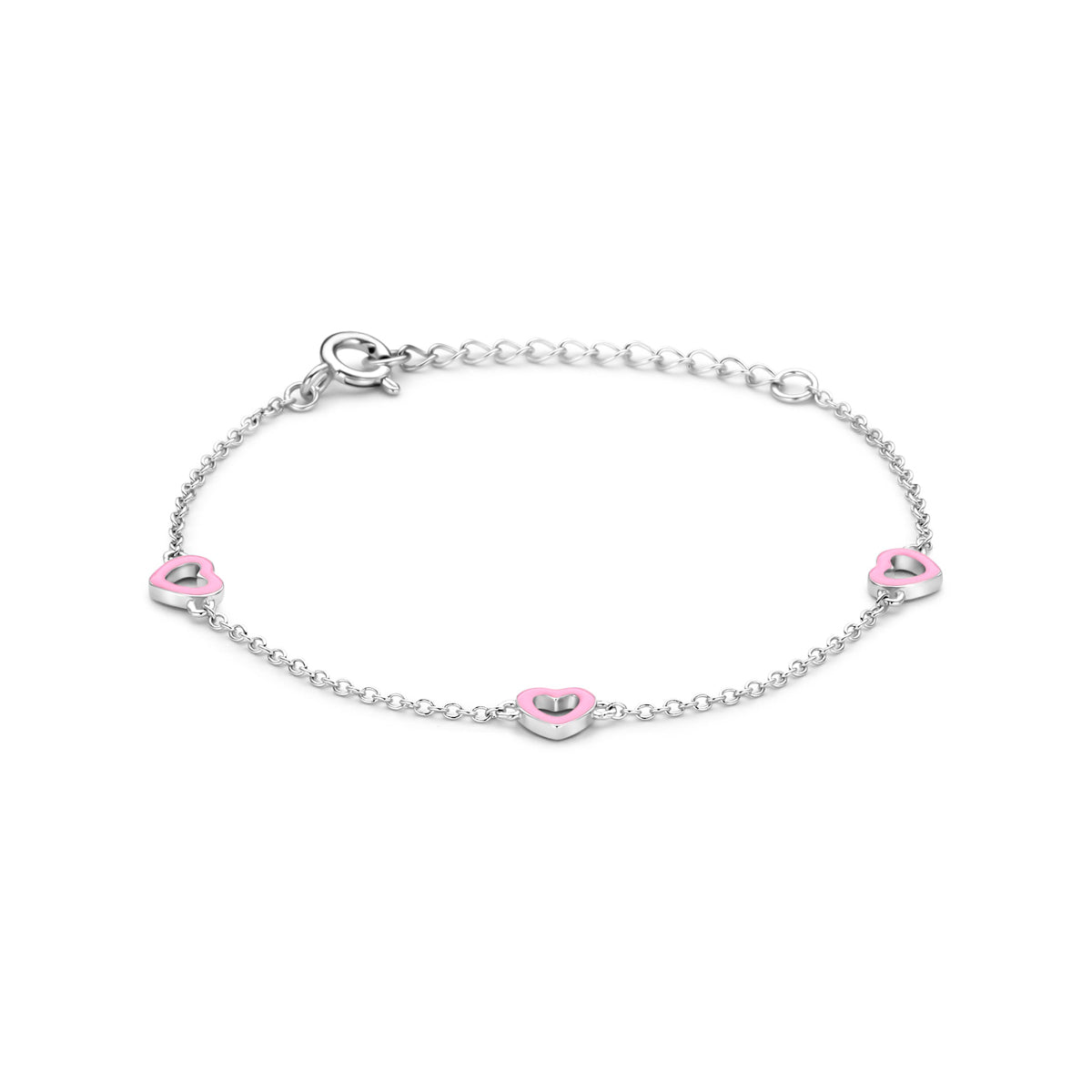 Armband hartjes roze emaille zilver gerhodineerd 13 + 3 cm