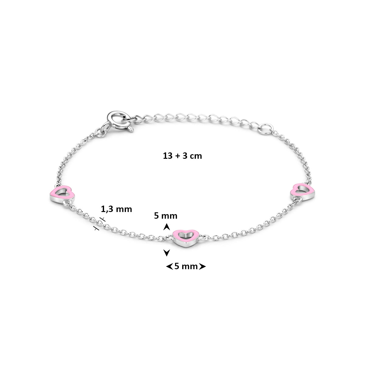 Armband hartjes roze emaille zilver gerhodineerd 13 + 3 cm