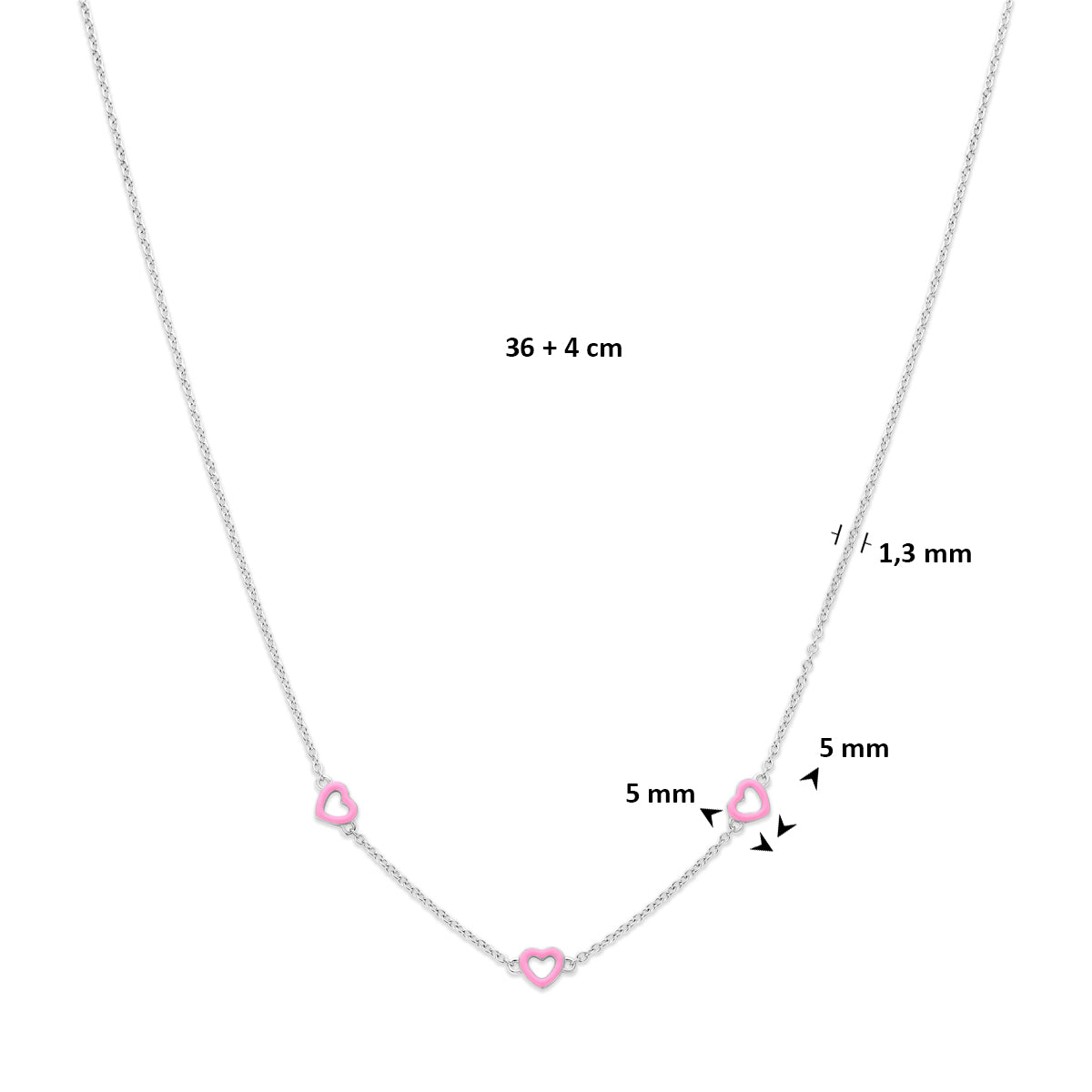 Collier hartjes roze emaille zilver gerhodineerd 36 + 4 cm