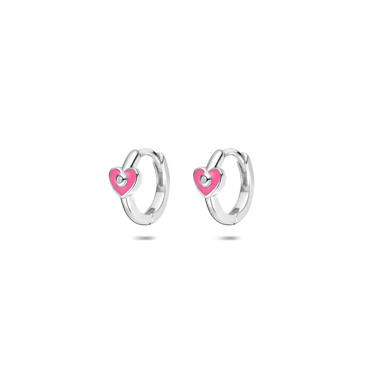 Klapoorringen hartje roze emaille en zirkonia zilver gerhodineerd 9,5 mm