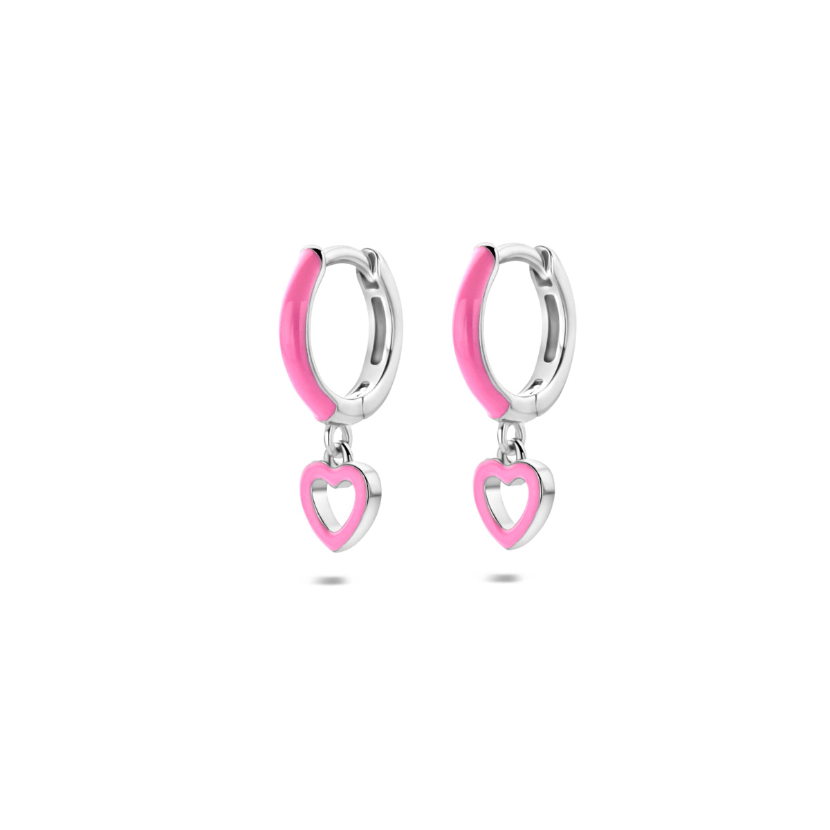 Oorringen hartjes roze emaille zilver gerhodineerd 17 mm