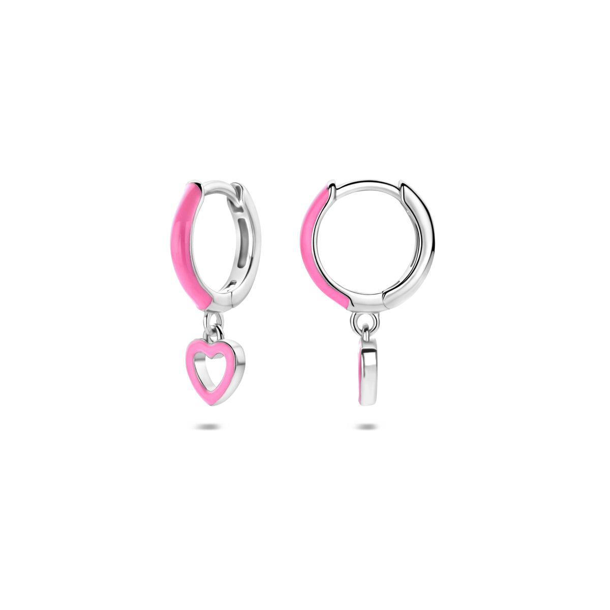Oorringen hartjes roze emaille zilver gerhodineerd 17 mm