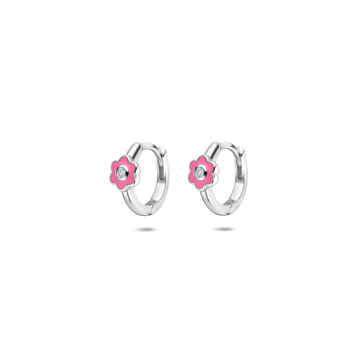 Klapoorringen bloem roze emaille zilver gerhodineerd 10 mm
