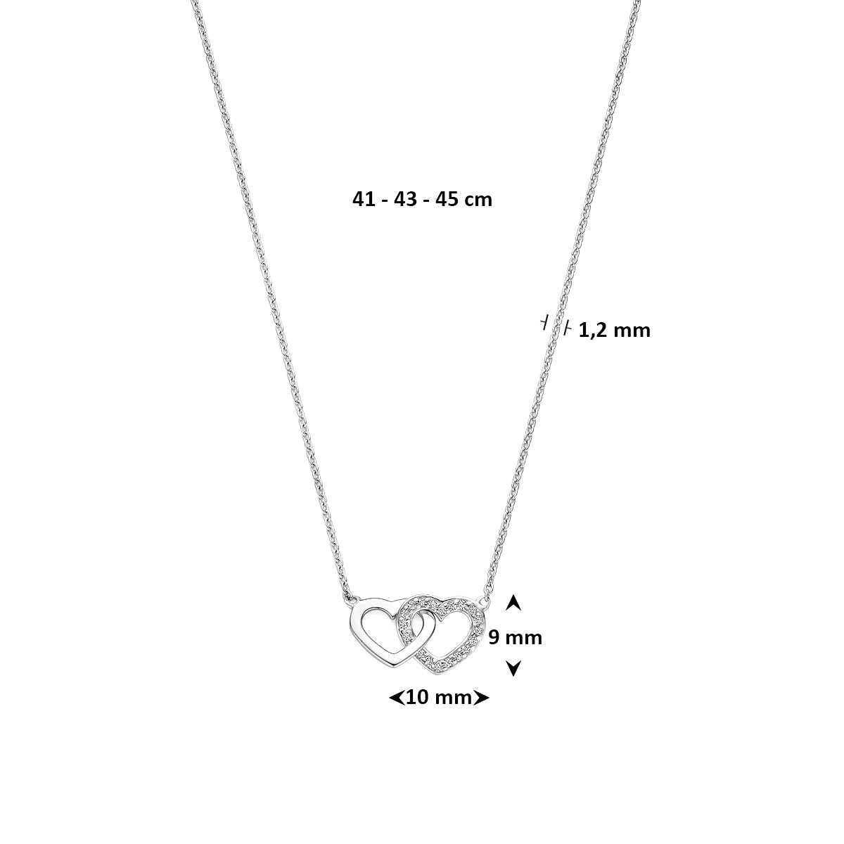 Collier hartjes zirkonia zilver gerhodineerd 41 - 43 - 45 cm