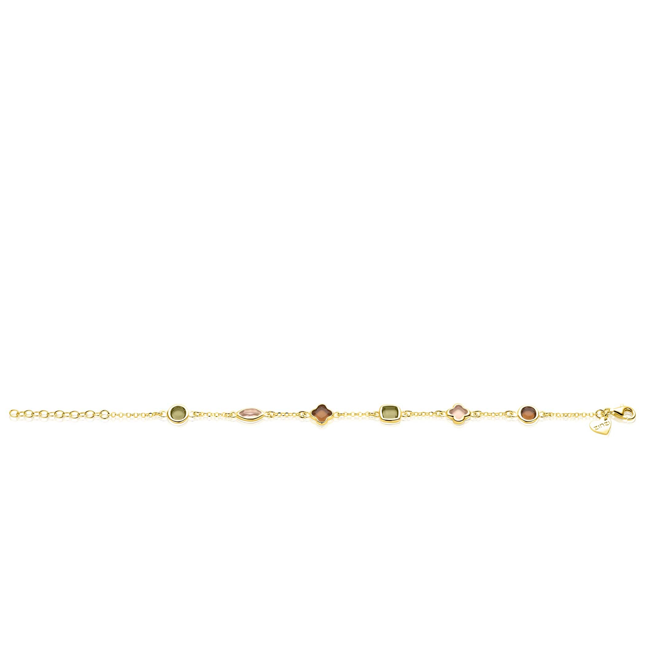 ZINZI gold plated zilveren fantasie armband met speelse vormen bruin en olijfgroen - ZIA2771