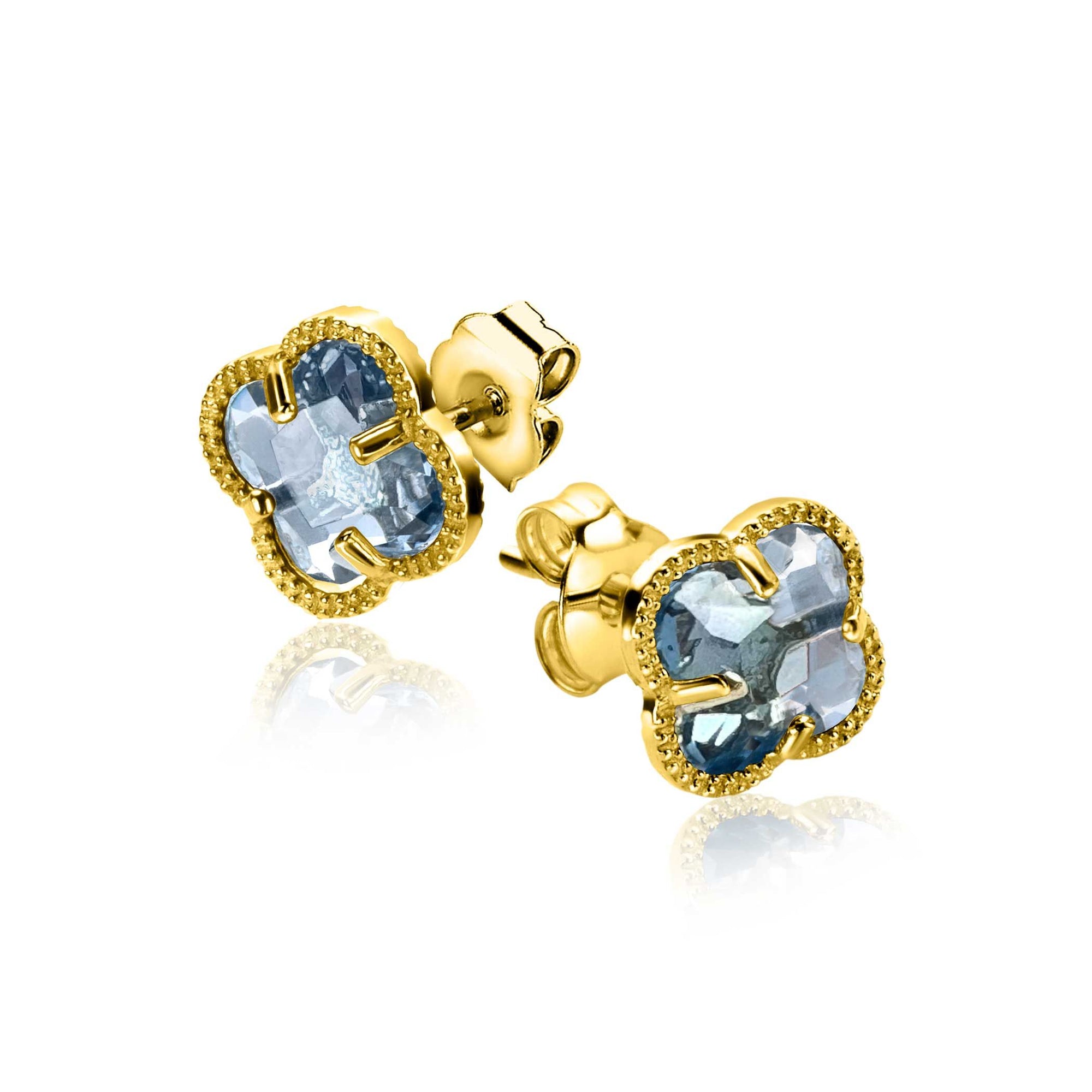 Zinzi 9mm gold plated zilveren oorstekers in klaver vorm met lichtblauwe kleursteen ZIO2662B - PansiteNederland.nl