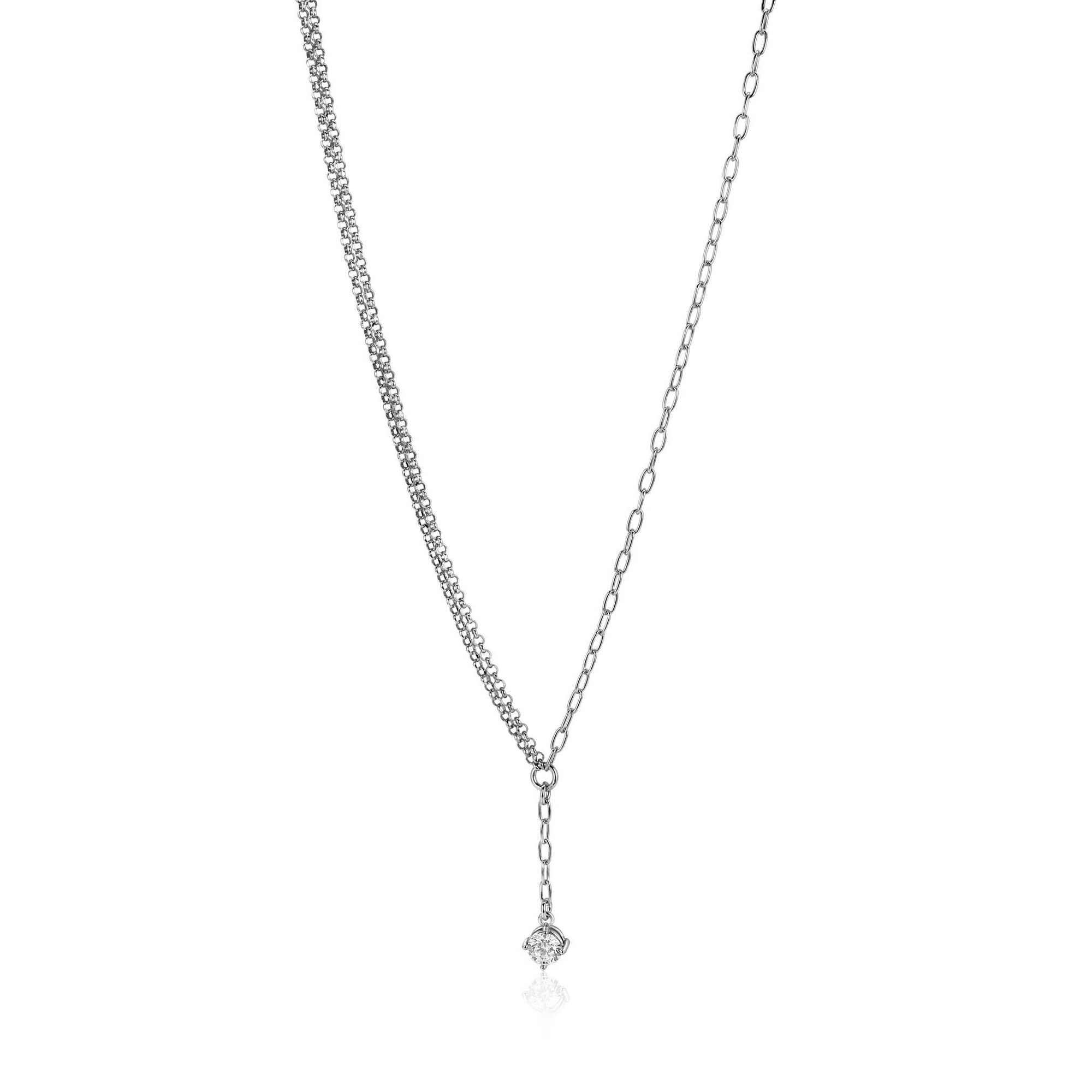 ZINZI zilveren Y-collier met subtiele schakels, bungelend witte ronde zirkonia 42-45cm ZIC2660