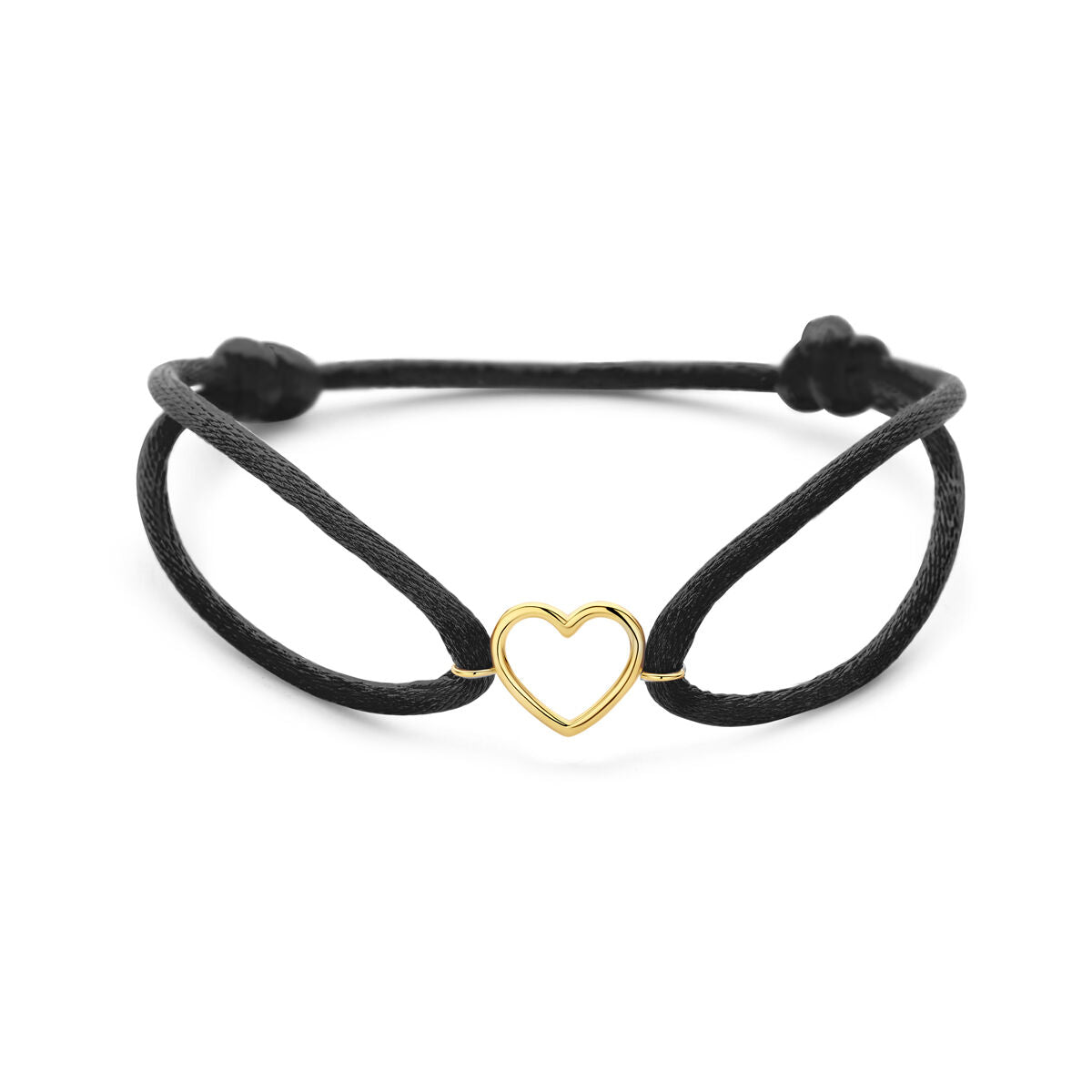 Armband zwart satijn hartje 13 - 26 cm 14K goud met rubber/nylon/leer