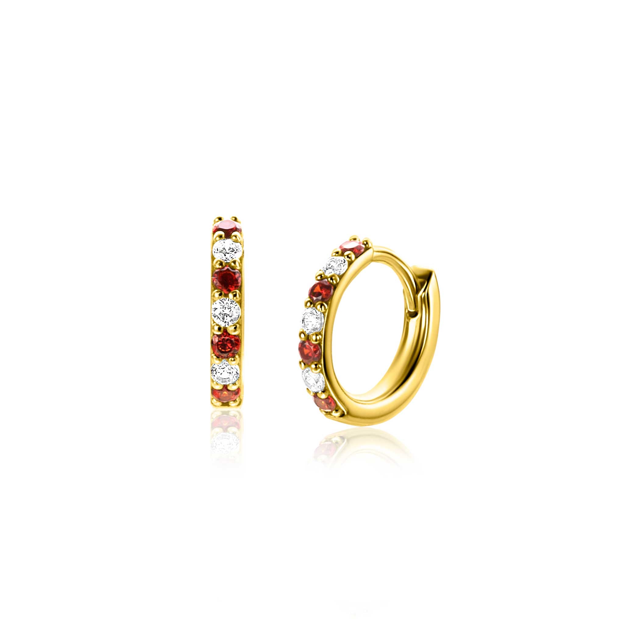 12mm ZINZI gold plated zilveren oorbellen bezet met ronde witte zirconia's en rood granaat kleurstenen 2mm buisdikte met