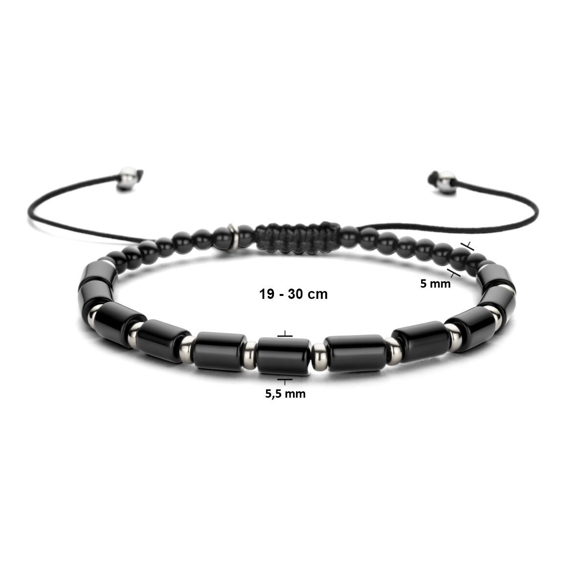 Zilver Gerhodineerd Met Rubber/Nylon/Leer Armband Onyx 19 - 30 Cm 1800995