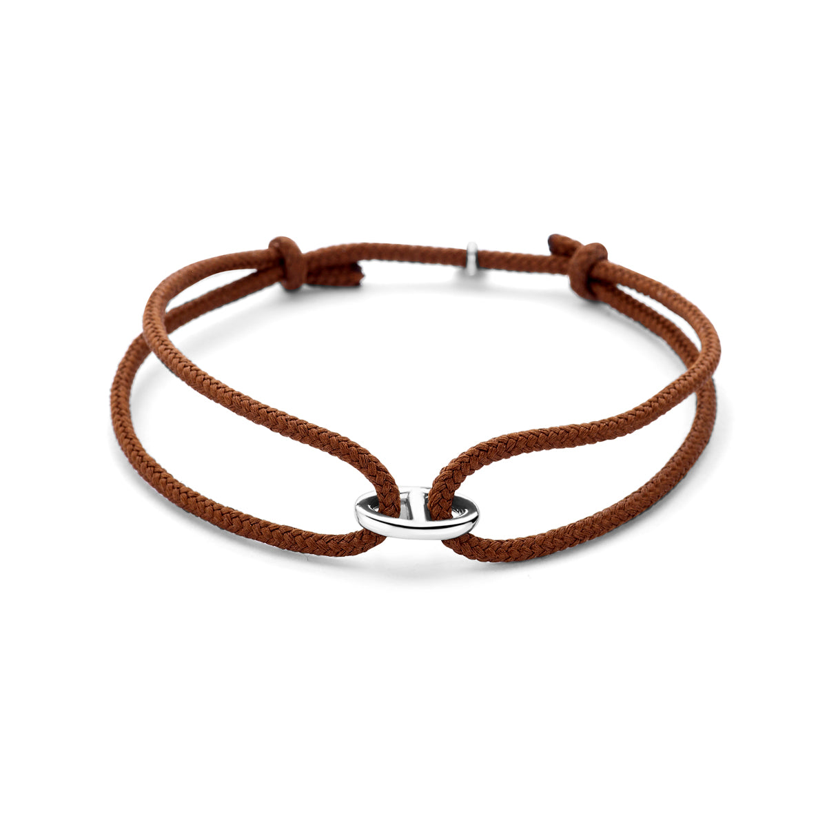 Armband katoen bruin 16 - 32 cm zilver gerhodineerd met rubber/nylon/leer