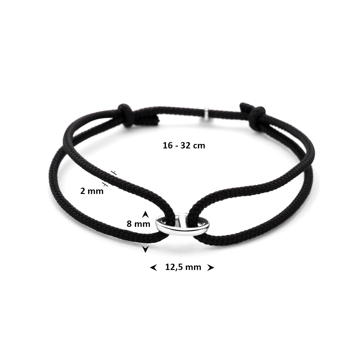 Armband katoen zwart 16 - 32 cm zilver gerhodineerd met rubber/nylon/leer