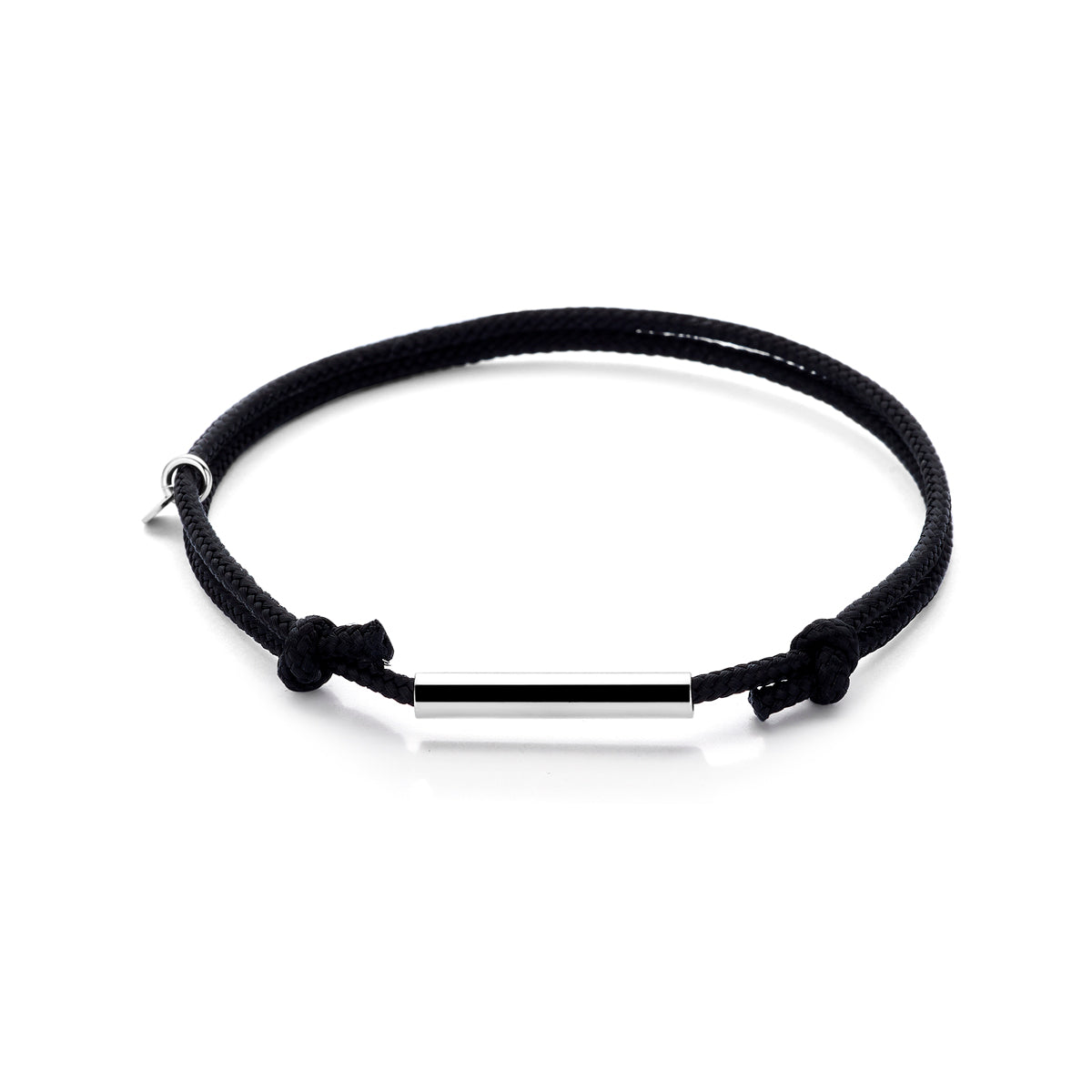 Armband katoen zwart 16 - 32 cm zilver gerhodineerd met rubber/nylon/leer